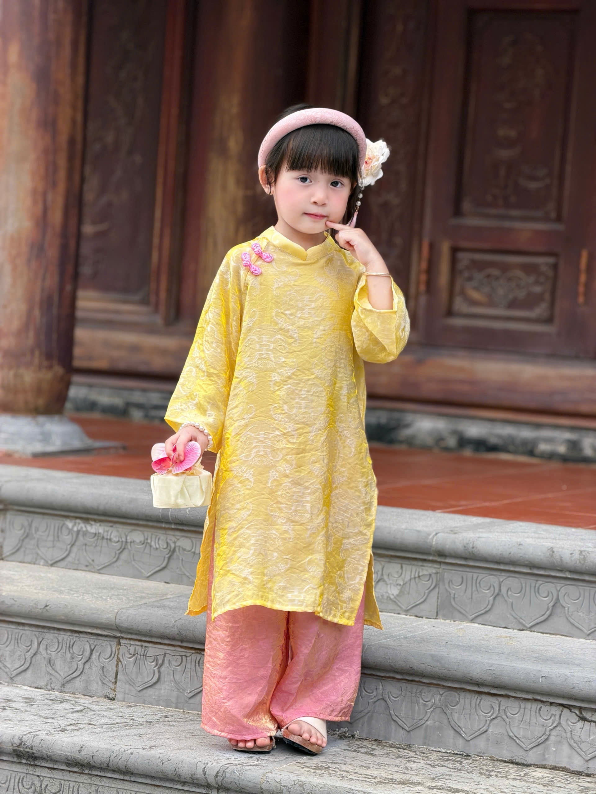 Golden Dawn Áo Dài (6 Months–8 Years) | Shimmering Vietnamese Traditional Outfit | Lunar New Year, Moon Festival & Special Occasion Wear