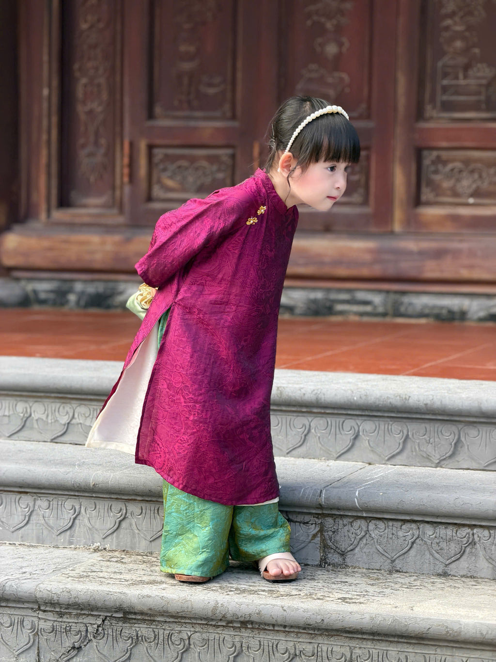 Royal Heritage Áo Dài – Plum Jade (6 Months–7 Years) | Lunar New Year & Cultural Celebrations | Traditional 4-Panel Vietnamese Outfit | Optional Green Headband
