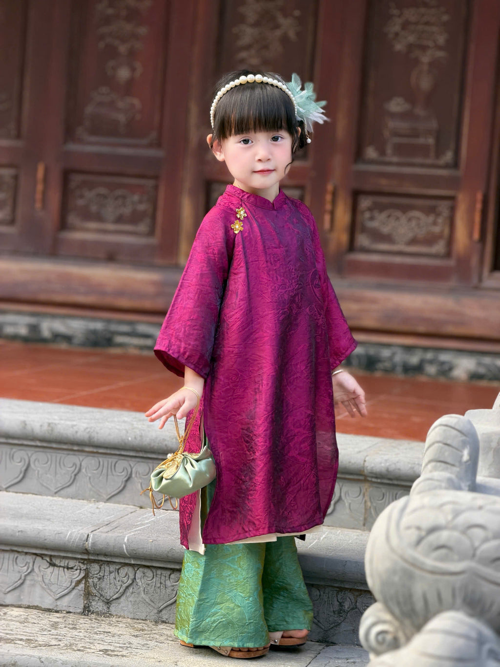 Royal Heritage Áo Dài – Plum Jade (6 Months–7 Years) | Lunar New Year & Cultural Celebrations | Traditional 4-Panel Vietnamese Outfit | Optional Green Headband