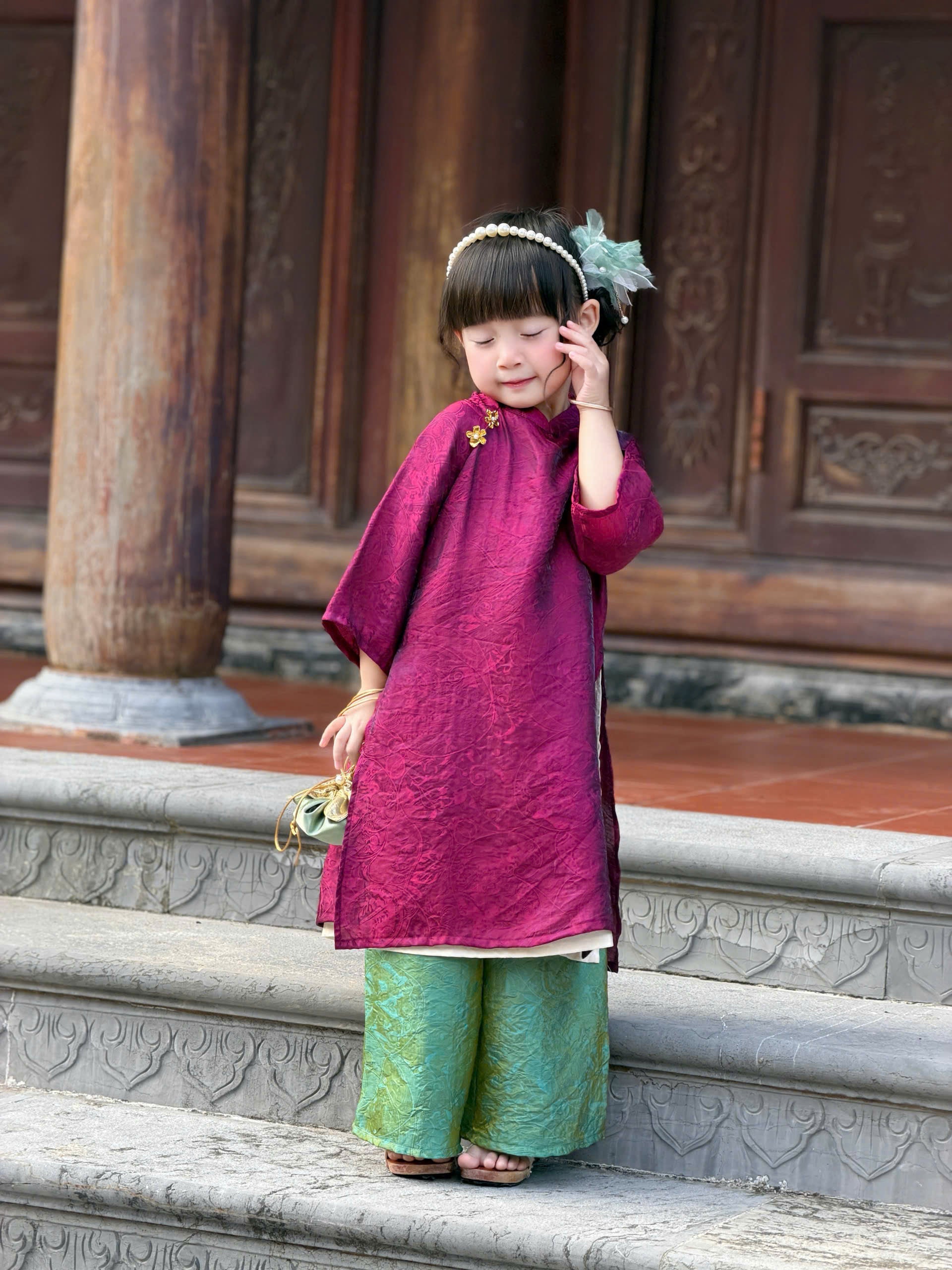 Royal Heritage Áo Dài – Plum Jade (6 Months–7 Years) | Lunar New Year & Cultural Celebrations | Traditional 4-Panel Vietnamese Outfit | Optional Green Headband
