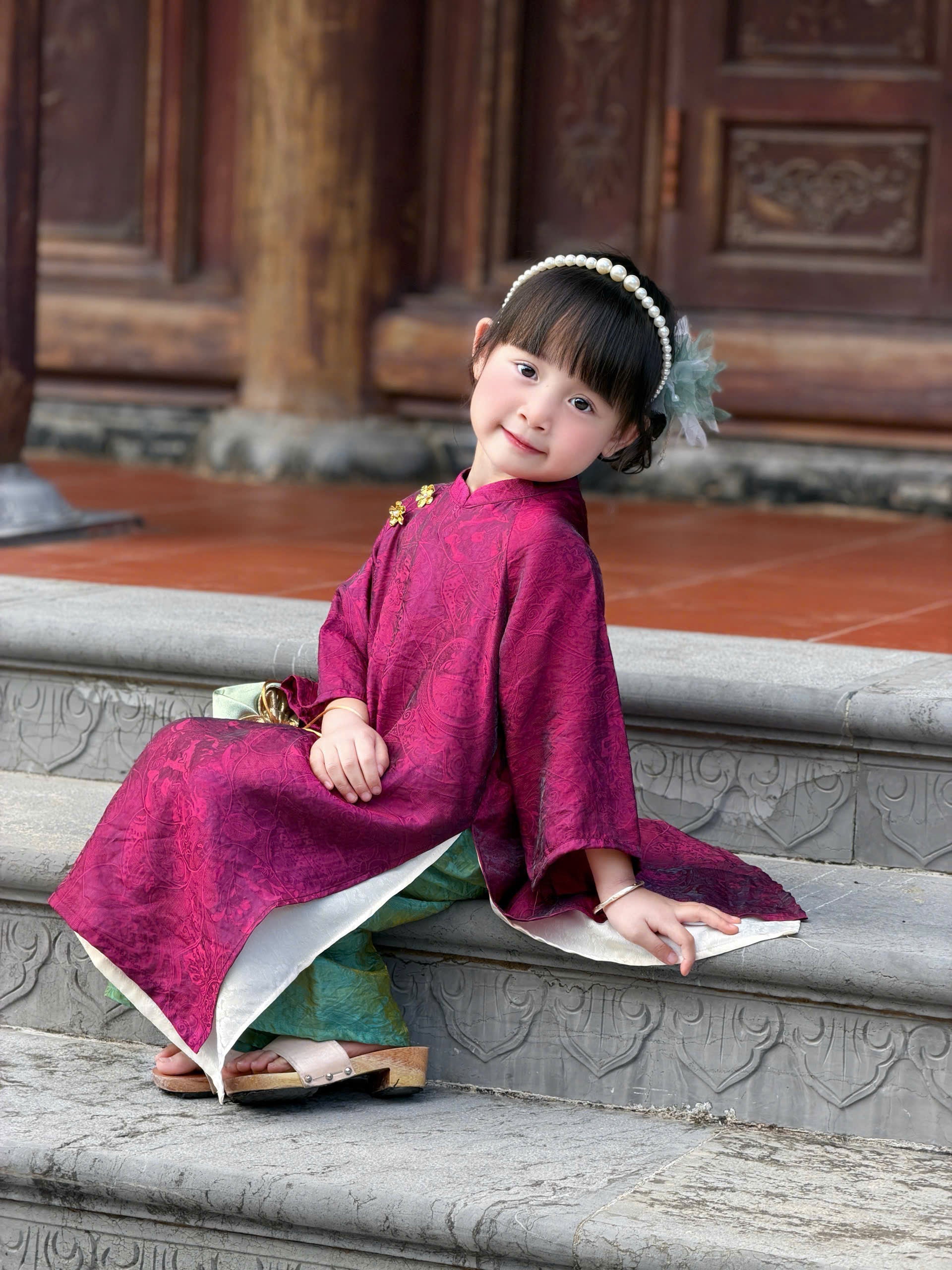 Royal Heritage Áo Dài – Plum Jade (6 Months–7 Years) | Lunar New Year & Cultural Celebrations | Traditional 4-Panel Vietnamese Outfit | Optional Green Headband