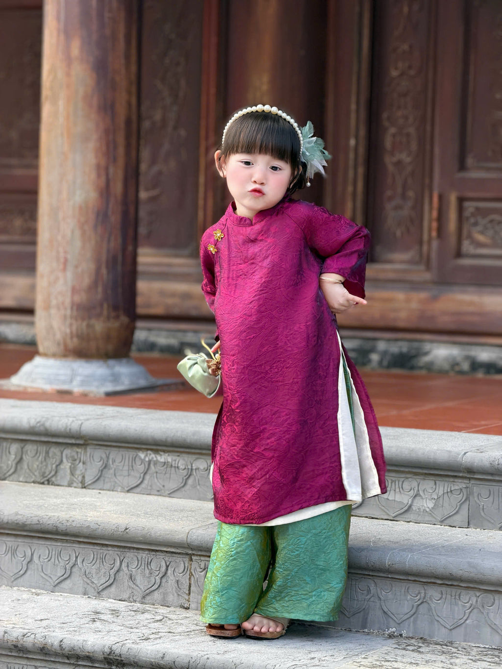 Royal Heritage Áo Dài – Plum Jade (6 Months–7 Years) | Lunar New Year & Cultural Celebrations | Traditional 4-Panel Vietnamese Outfit | Optional Green Headband