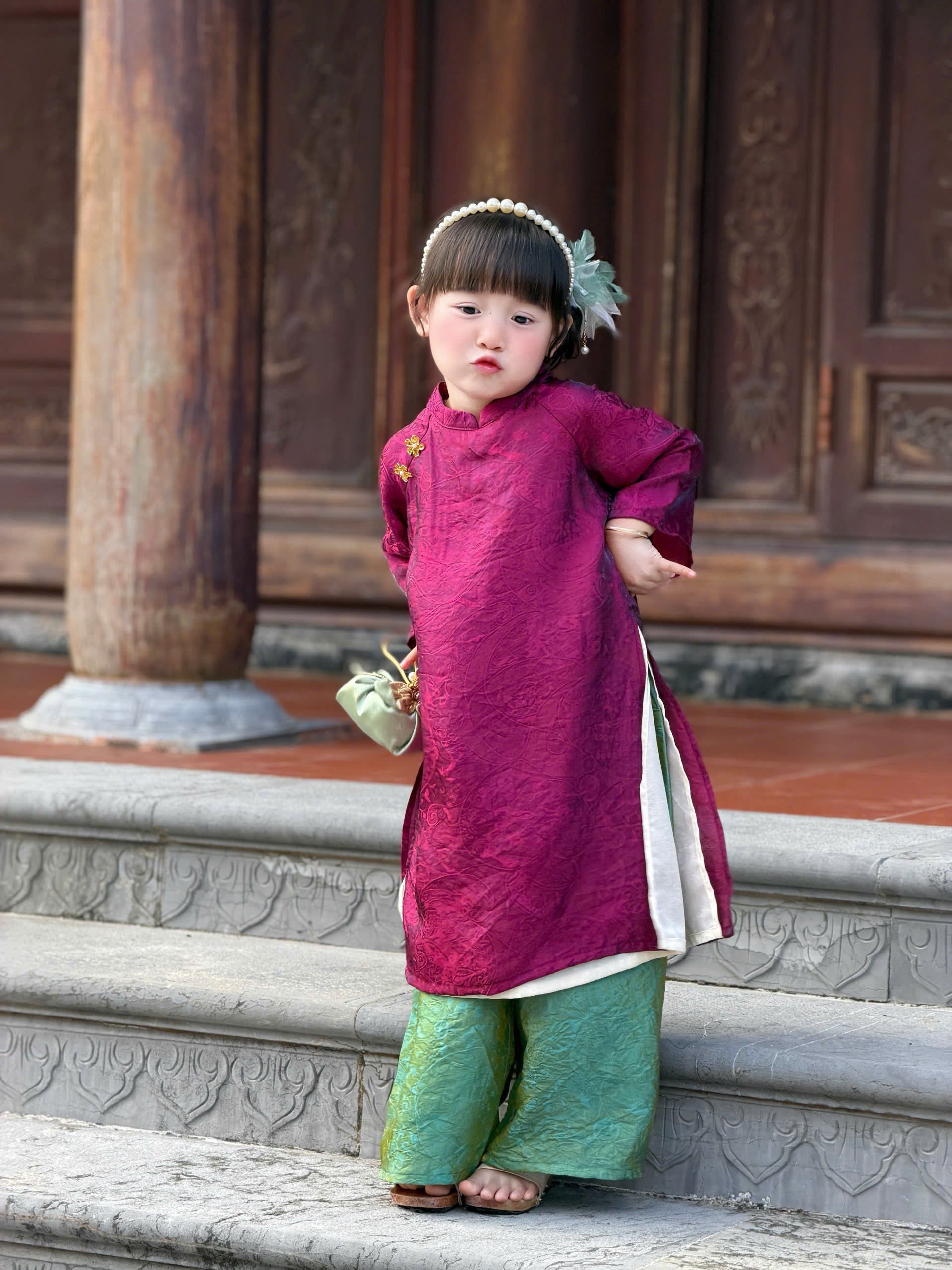 Royal Heritage Áo Dài – Plum Jade (6 Months–7 Years) | Lunar New Year & Cultural Celebrations | Traditional 4-Panel Vietnamese Outfit | Optional Green Headband