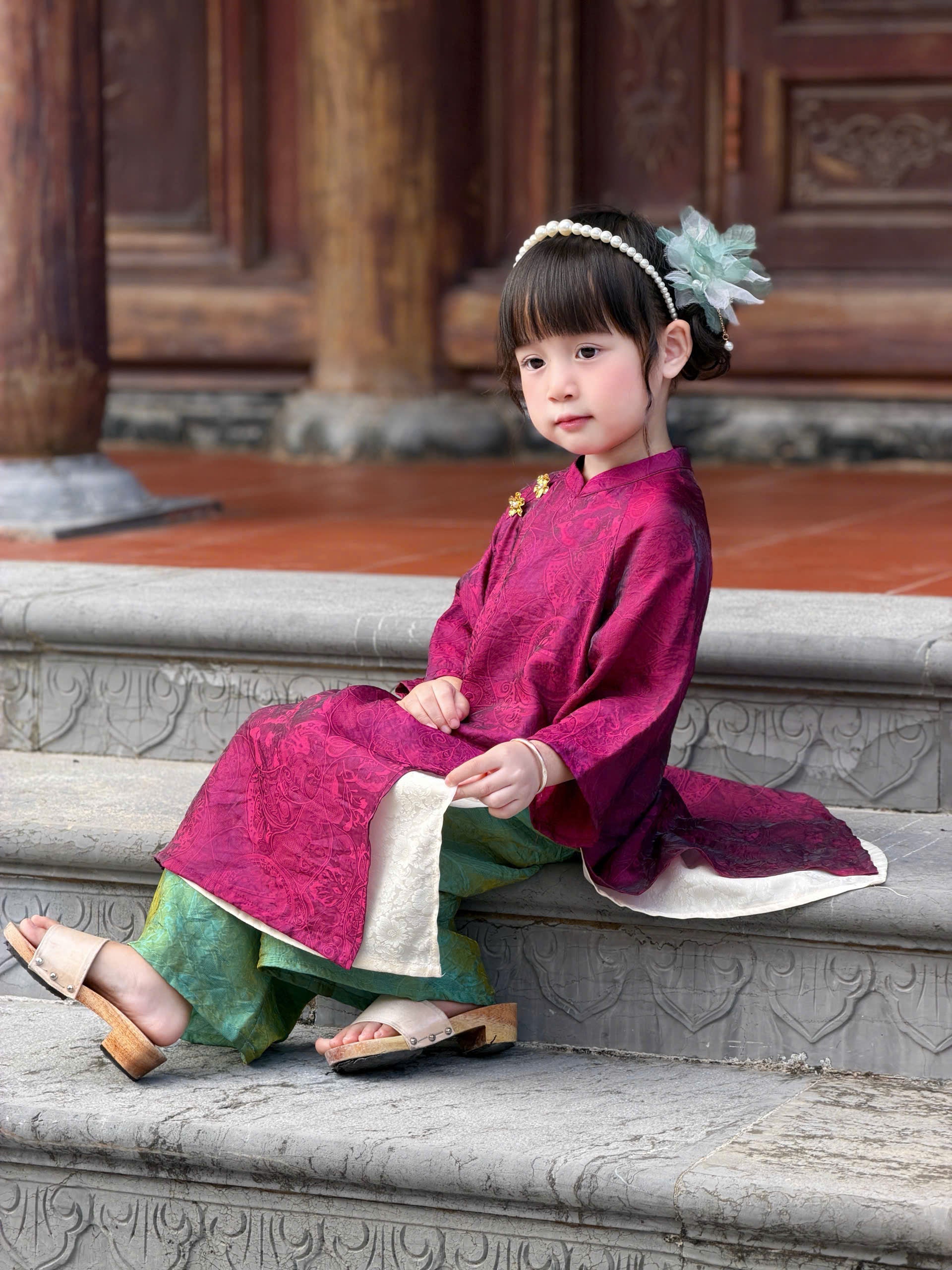 Royal Heritage Áo Dài – Plum Jade (6 Months–7 Years) | Lunar New Year & Cultural Celebrations | Traditional 4-Panel Vietnamese Outfit | Optional Green Headband