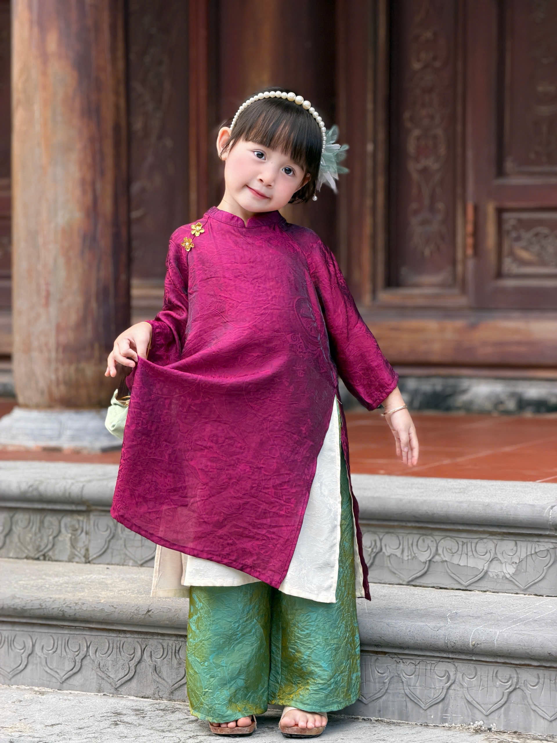 Royal Heritage Áo Dài – Plum Jade (6 Months–7 Years) | Lunar New Year & Cultural Celebrations | Traditional 4-Panel Vietnamese Outfit | Optional Green Headband