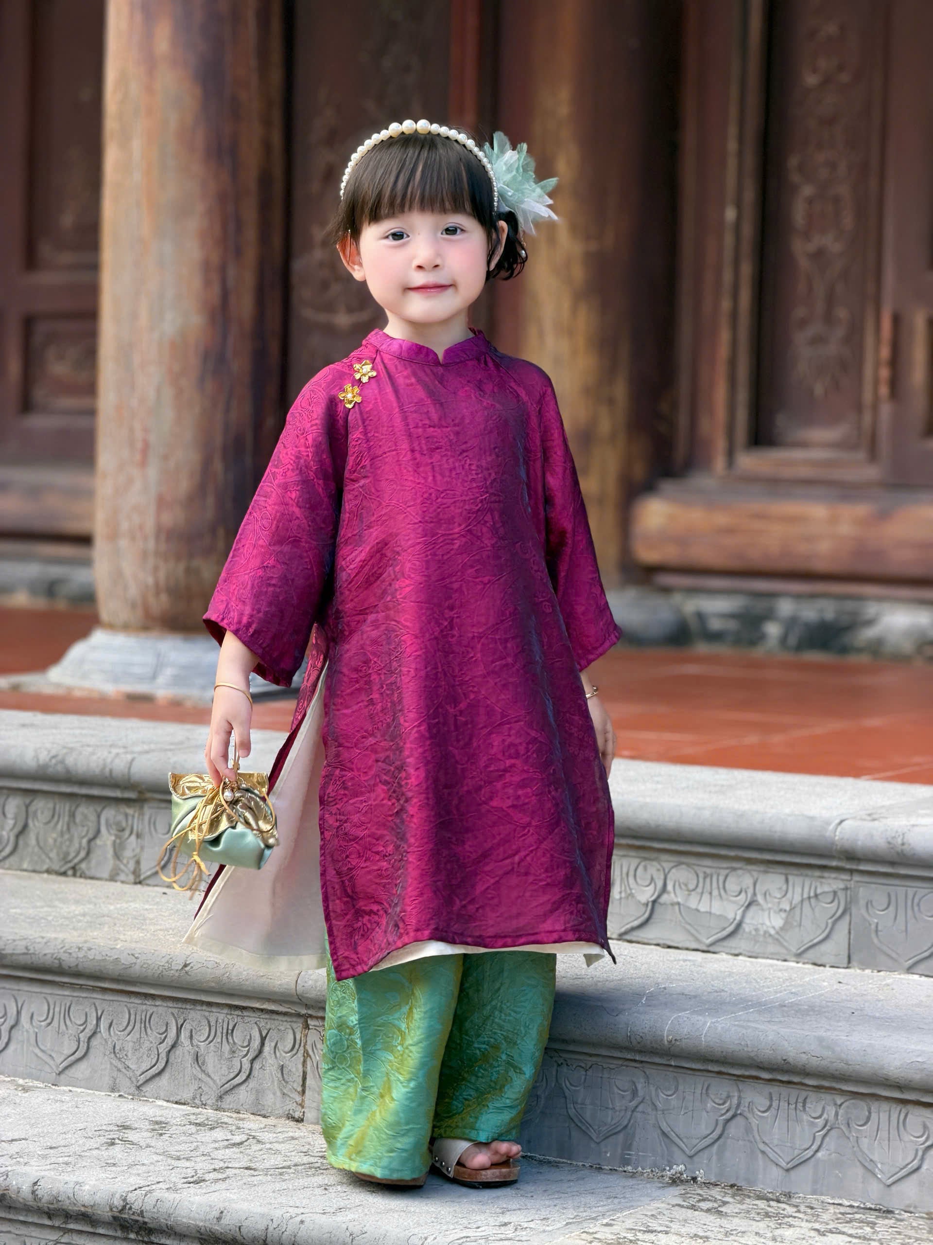 Royal Heritage Áo Dài – Plum Jade (6 Months–7 Years) | Lunar New Year & Cultural Celebrations | Traditional 4-Panel Vietnamese Outfit | Optional Green Headband