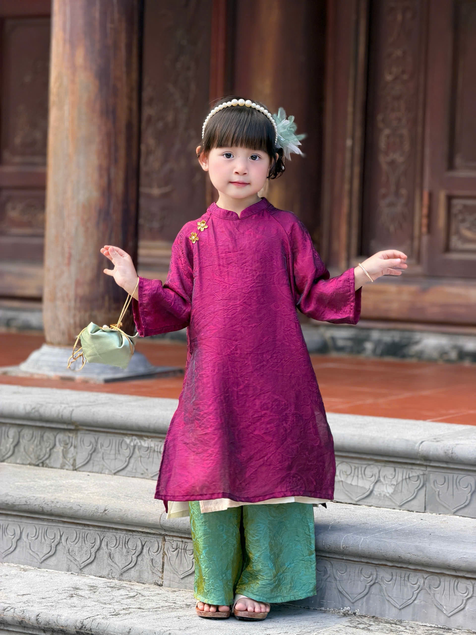 Royal Heritage Áo Dài – Plum Jade (6 Months–7 Years) | Lunar New Year & Cultural Celebrations | Traditional 4-Panel Vietnamese Outfit | Optional Green Headband