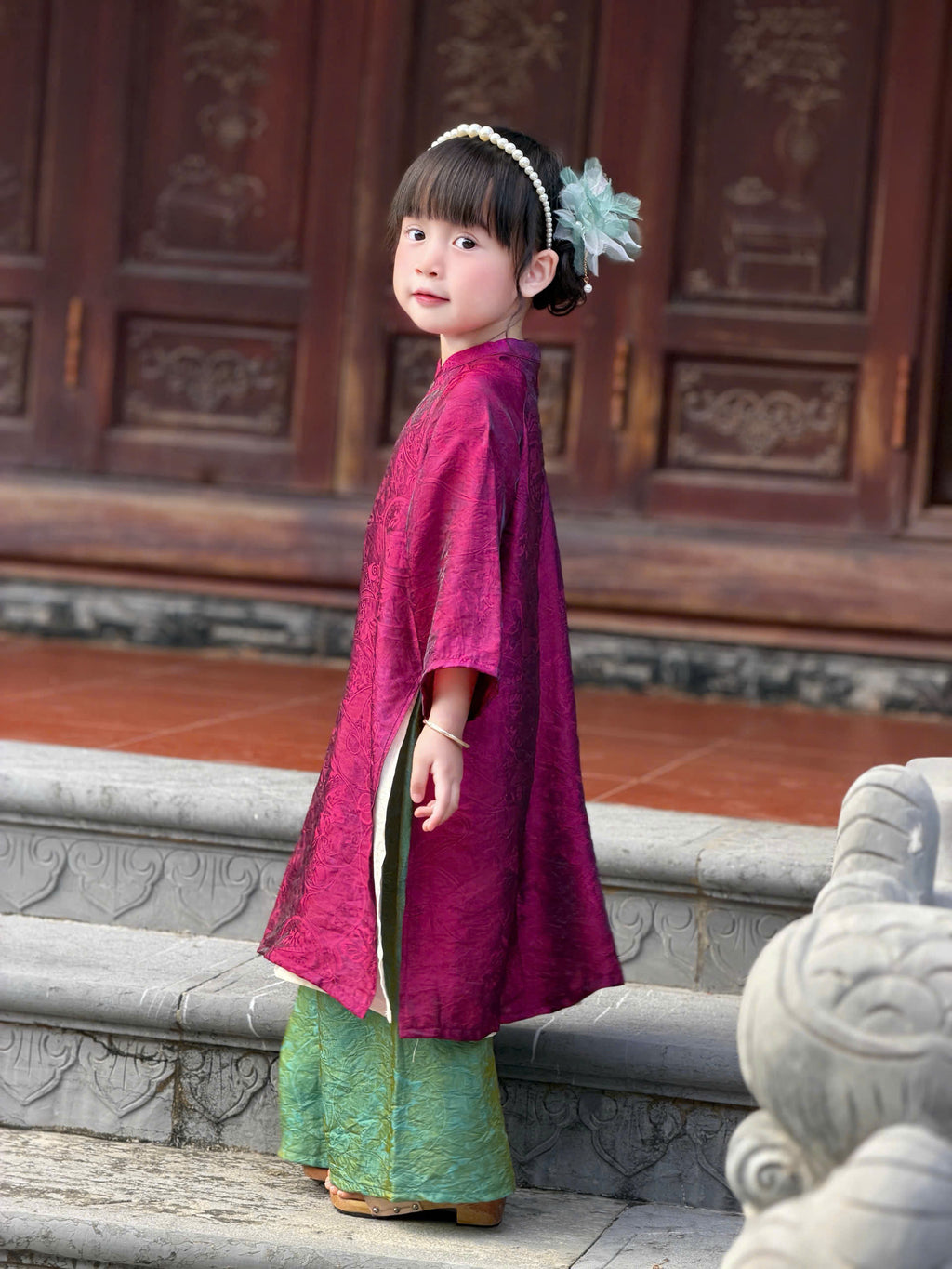 Royal Heritage Áo Dài – Plum Jade (6 Months–7 Years) | Lunar New Year & Cultural Celebrations | Traditional 4-Panel Vietnamese Outfit | Optional Green Headband
