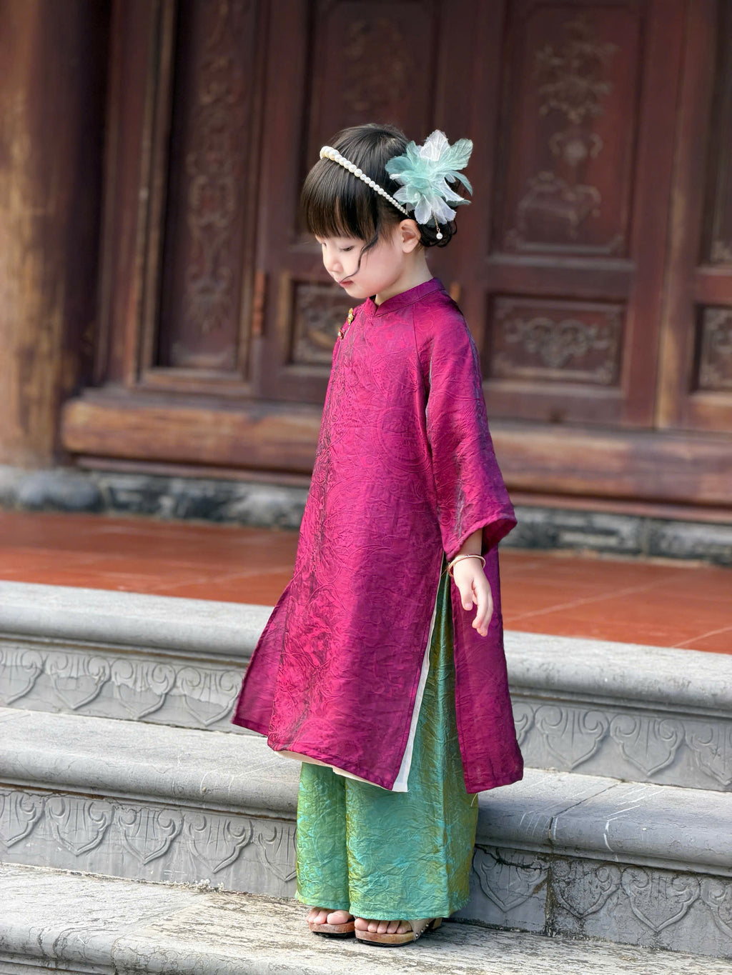 Royal Heritage Áo Dài – Plum Jade (6 Months–7 Years) | Lunar New Year & Cultural Celebrations | Traditional 4-Panel Vietnamese Outfit | Optional Green Headband