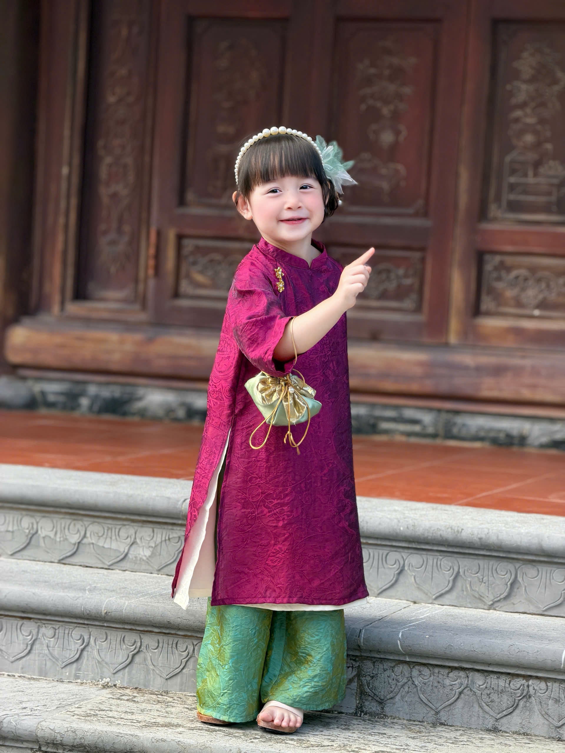 Royal Heritage Áo Dài – Plum Jade (6 Months–7 Years) | Lunar New Year & Cultural Celebrations | Traditional 4-Panel Vietnamese Outfit | Optional Green Headband