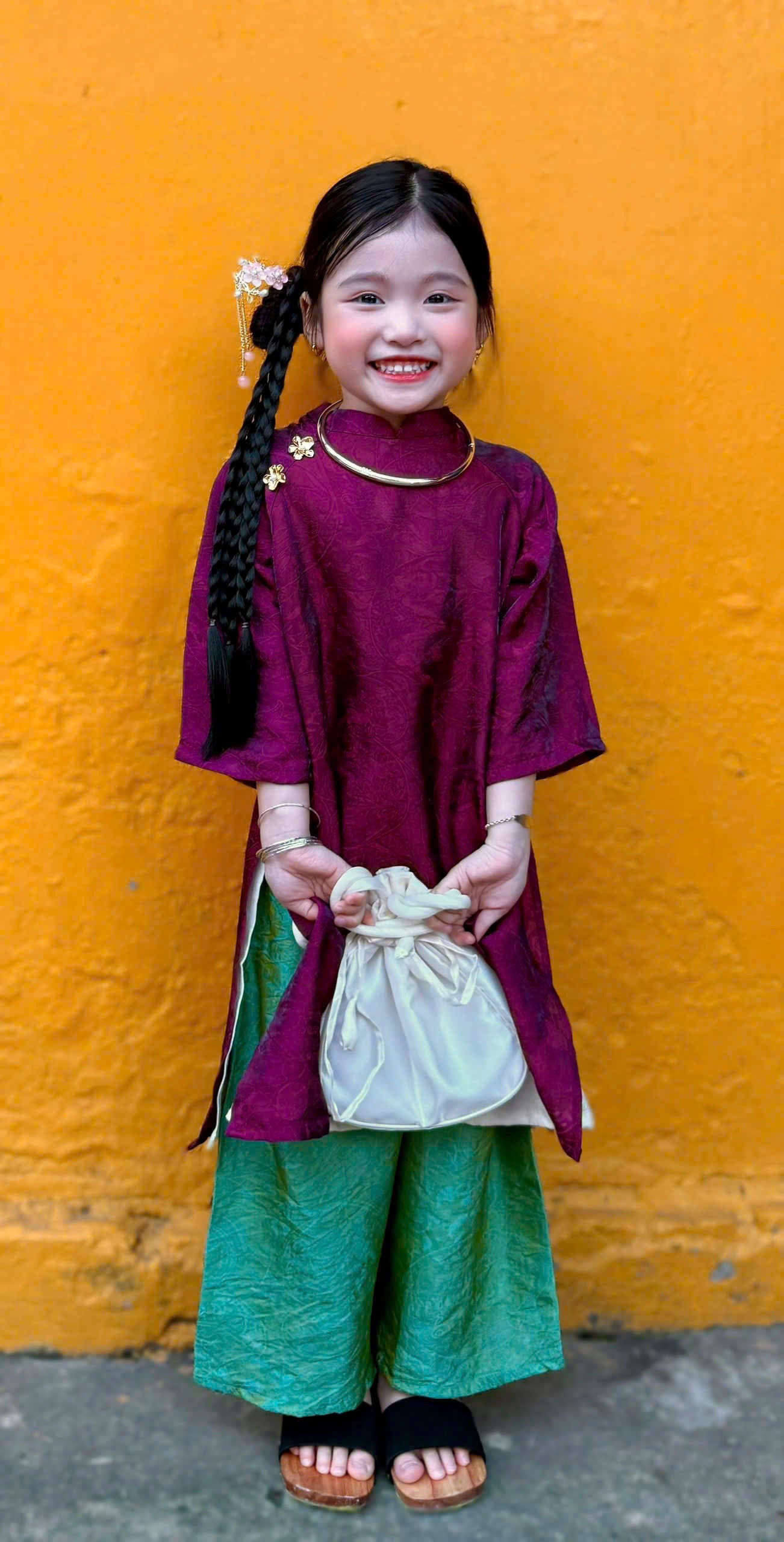 Royal Heritage Áo Dài – Plum Jade (6 Months–7 Years) | Lunar New Year & Cultural Celebrations | Traditional 4-Panel Vietnamese Outfit | Optional Green Headband