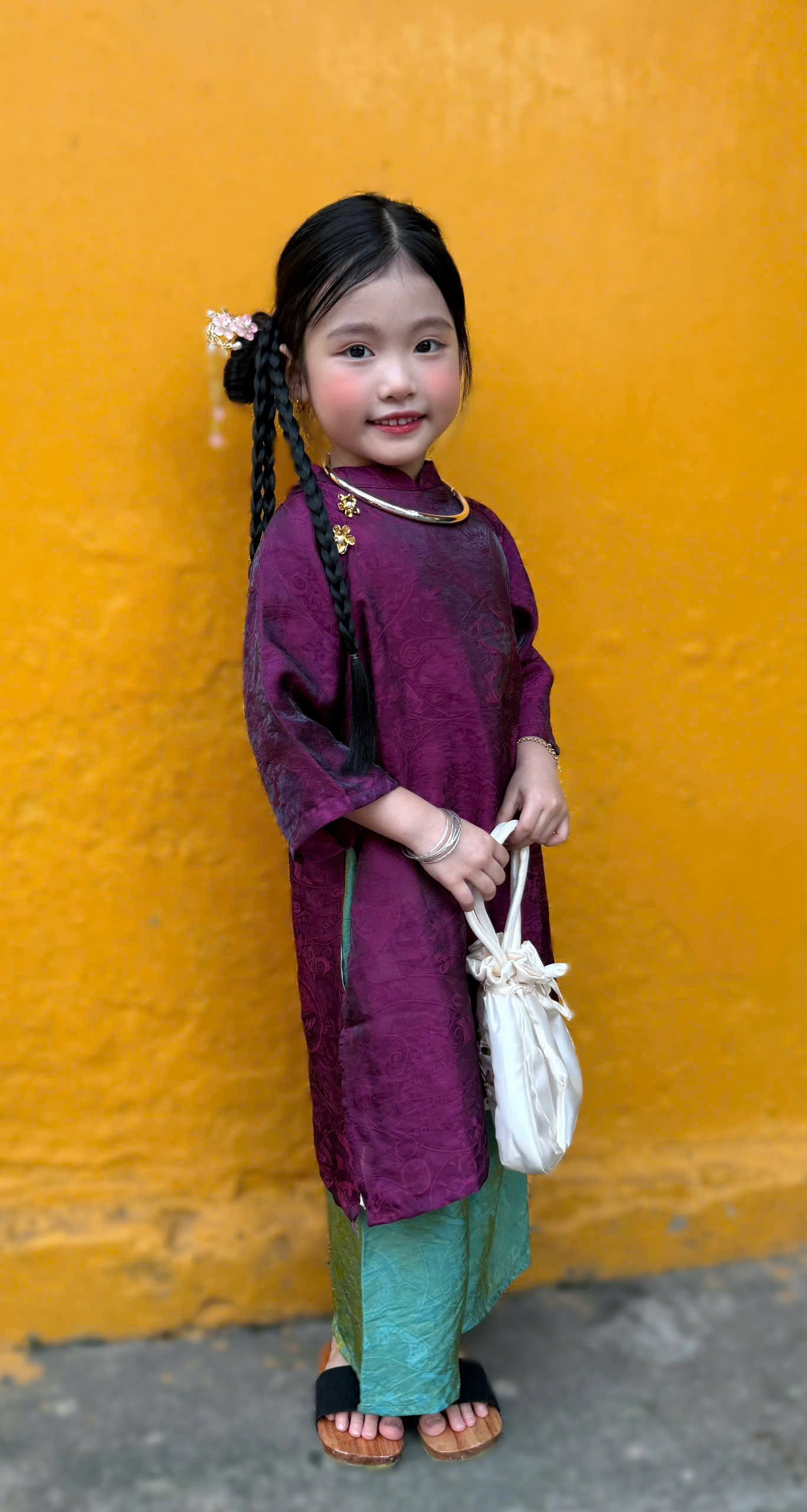 Royal Heritage Áo Dài – Plum Jade (6 Months–7 Years) | Lunar New Year & Cultural Celebrations | Traditional 4-Panel Vietnamese Outfit | Optional Green Headband