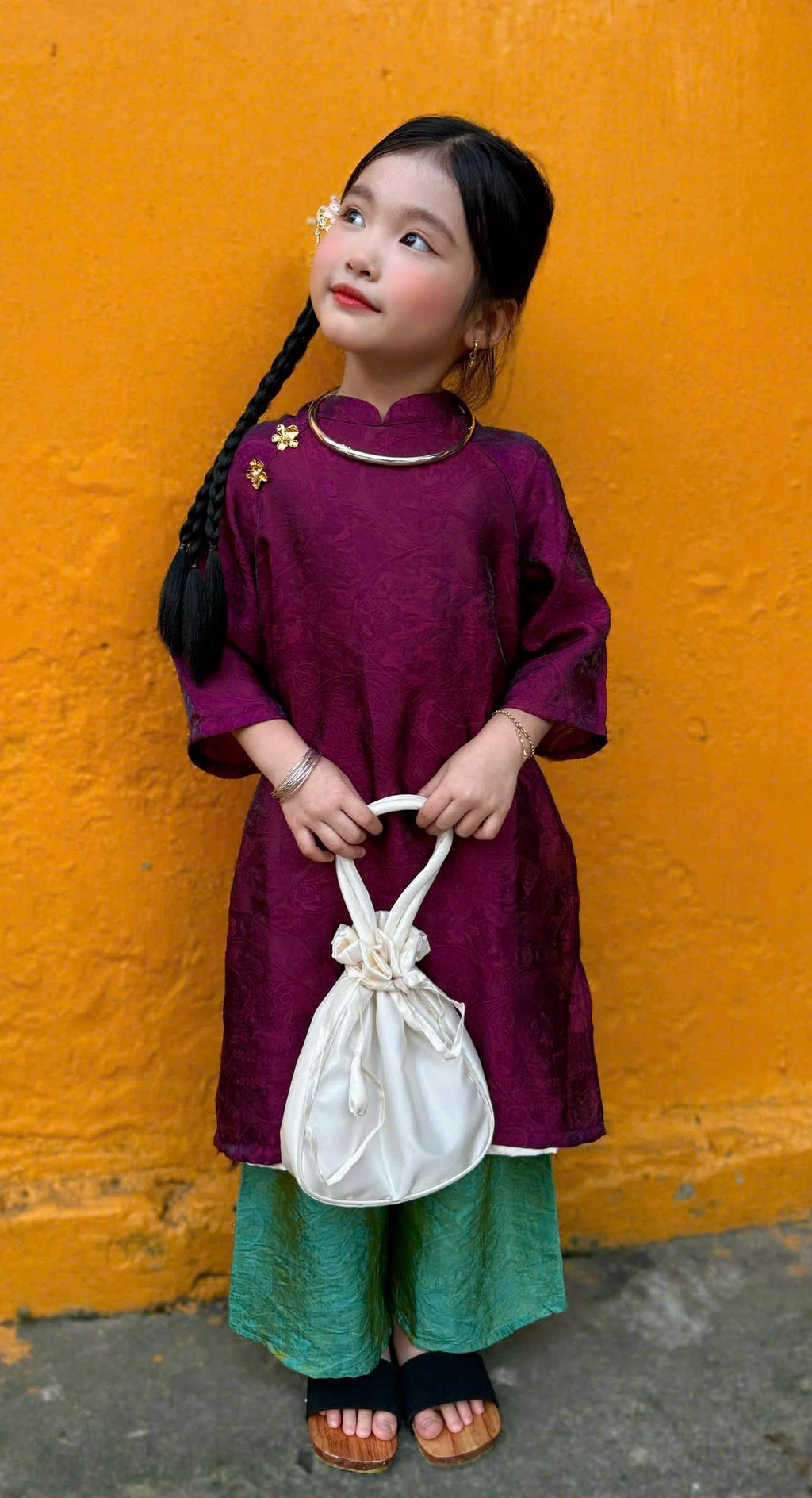 Royal Heritage Áo Dài – Plum Jade (6 Months–7 Years) | Lunar New Year & Cultural Celebrations | Traditional 4-Panel Vietnamese Outfit | Optional Green Headband
