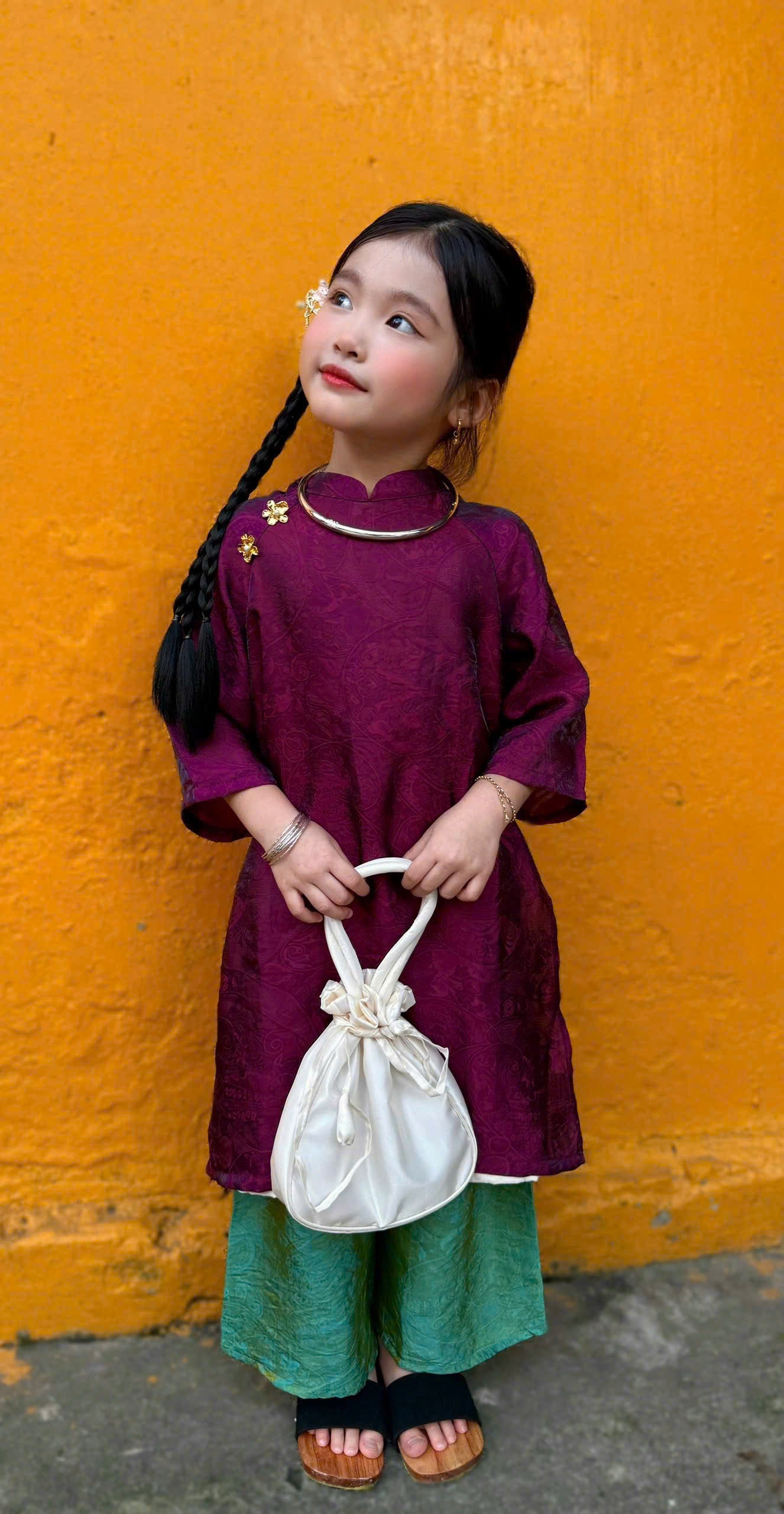 Royal Heritage Áo Dài – Plum Jade (6 Months–7 Years) | Lunar New Year & Cultural Celebrations | Traditional 4-Panel Vietnamese Outfit | Optional Green Headband