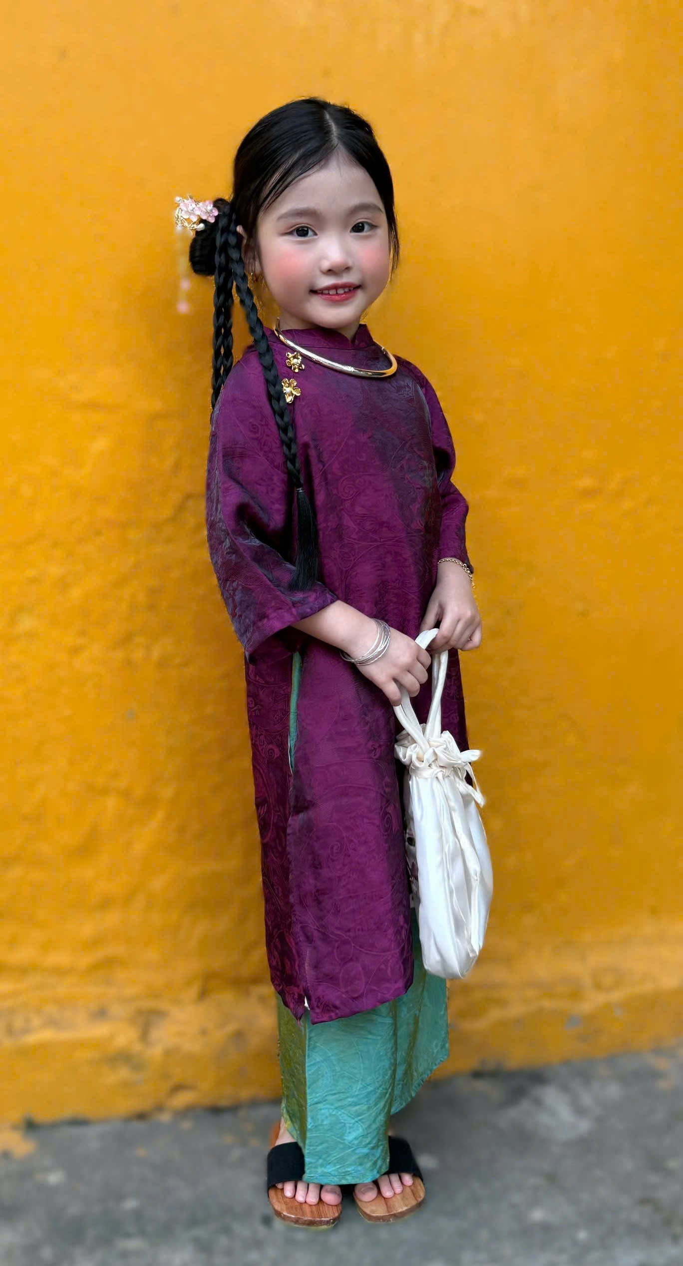 Royal Heritage Áo Dài – Plum Jade (6 Months–7 Years) | Lunar New Year & Cultural Celebrations | Traditional 4-Panel Vietnamese Outfit | Optional Green Headband