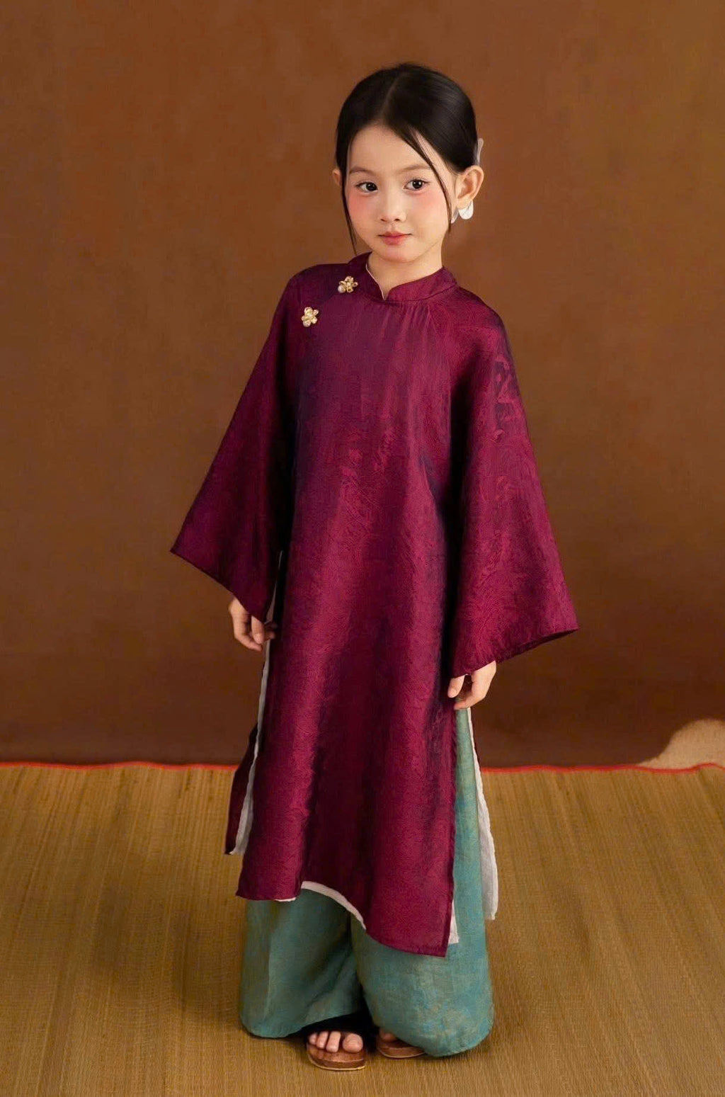 Royal Heritage Áo Dài – Plum Jade (6 Months–7 Years) | Lunar New Year & Cultural Celebrations | Traditional 4-Panel Vietnamese Outfit | Optional Green Headband