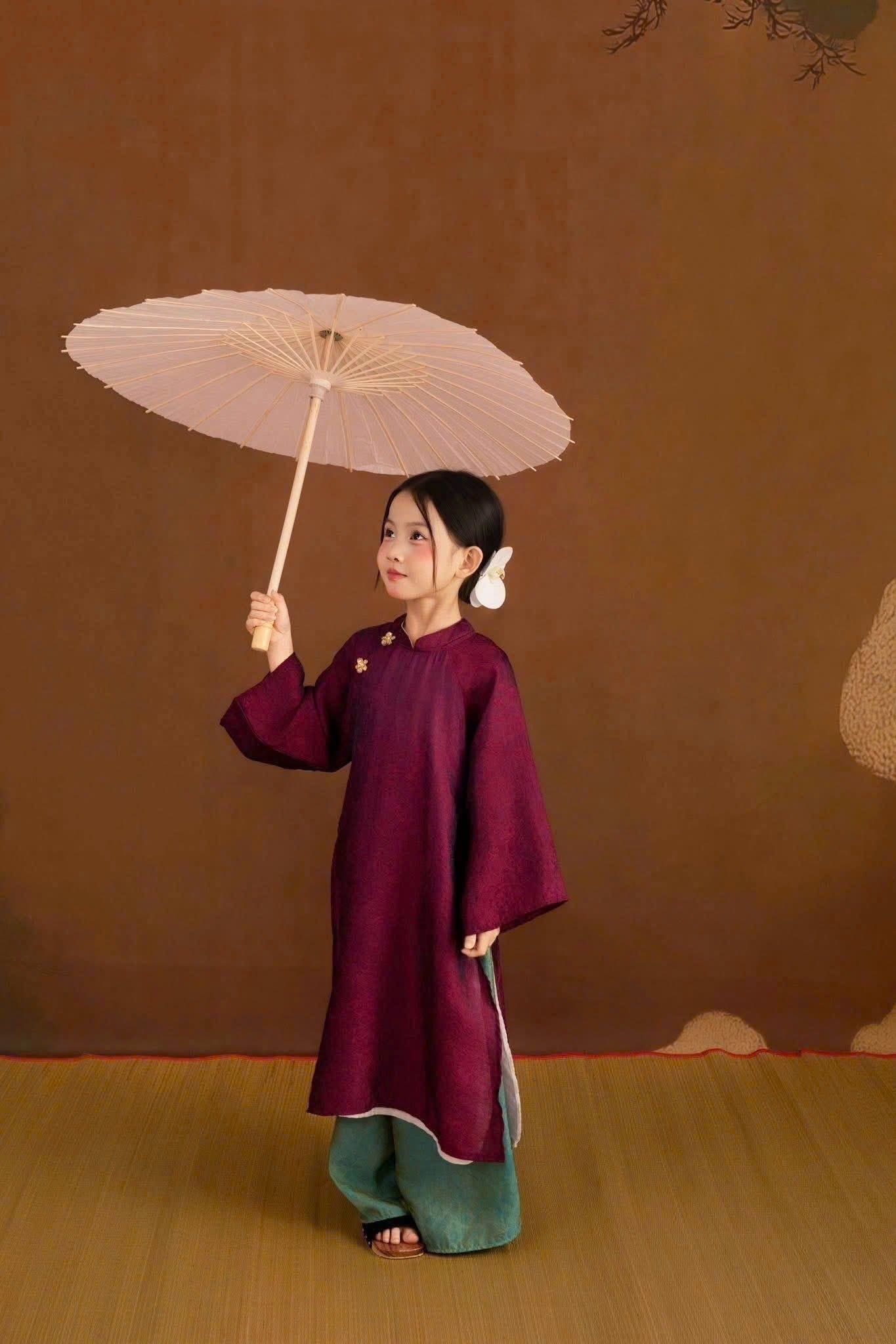 Royal Heritage Áo Dài – Plum Jade (6 Months–7 Years) | Lunar New Year & Cultural Celebrations | Traditional 4-Panel Vietnamese Outfit | Optional Green Headband