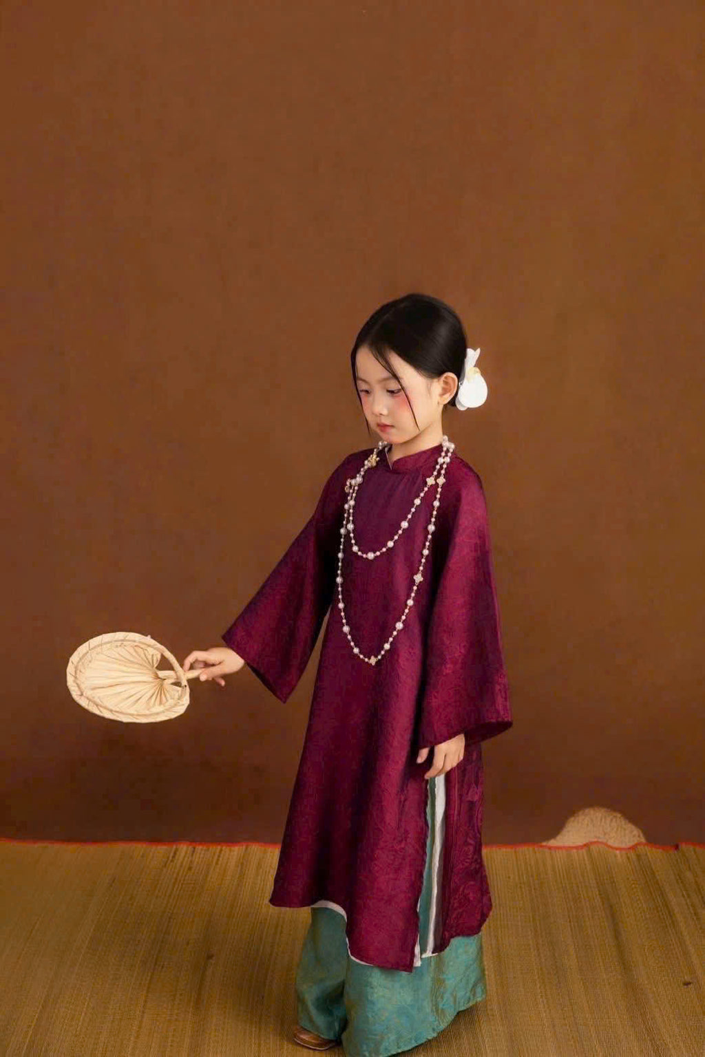 Royal Heritage Áo Dài – Plum Jade (6 Months–7 Years) | Lunar New Year & Cultural Celebrations | Traditional 4-Panel Vietnamese Outfit | Optional Green Headband