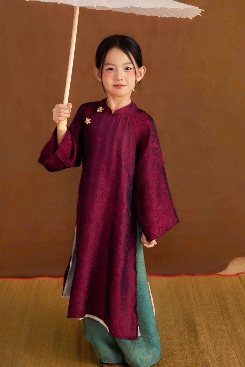 Royal Heritage Áo Dài – Plum Jade (6 Months–7 Years) | Lunar New Year & Cultural Celebrations | Traditional 4-Panel Vietnamese Outfit | Optional Green Headband
