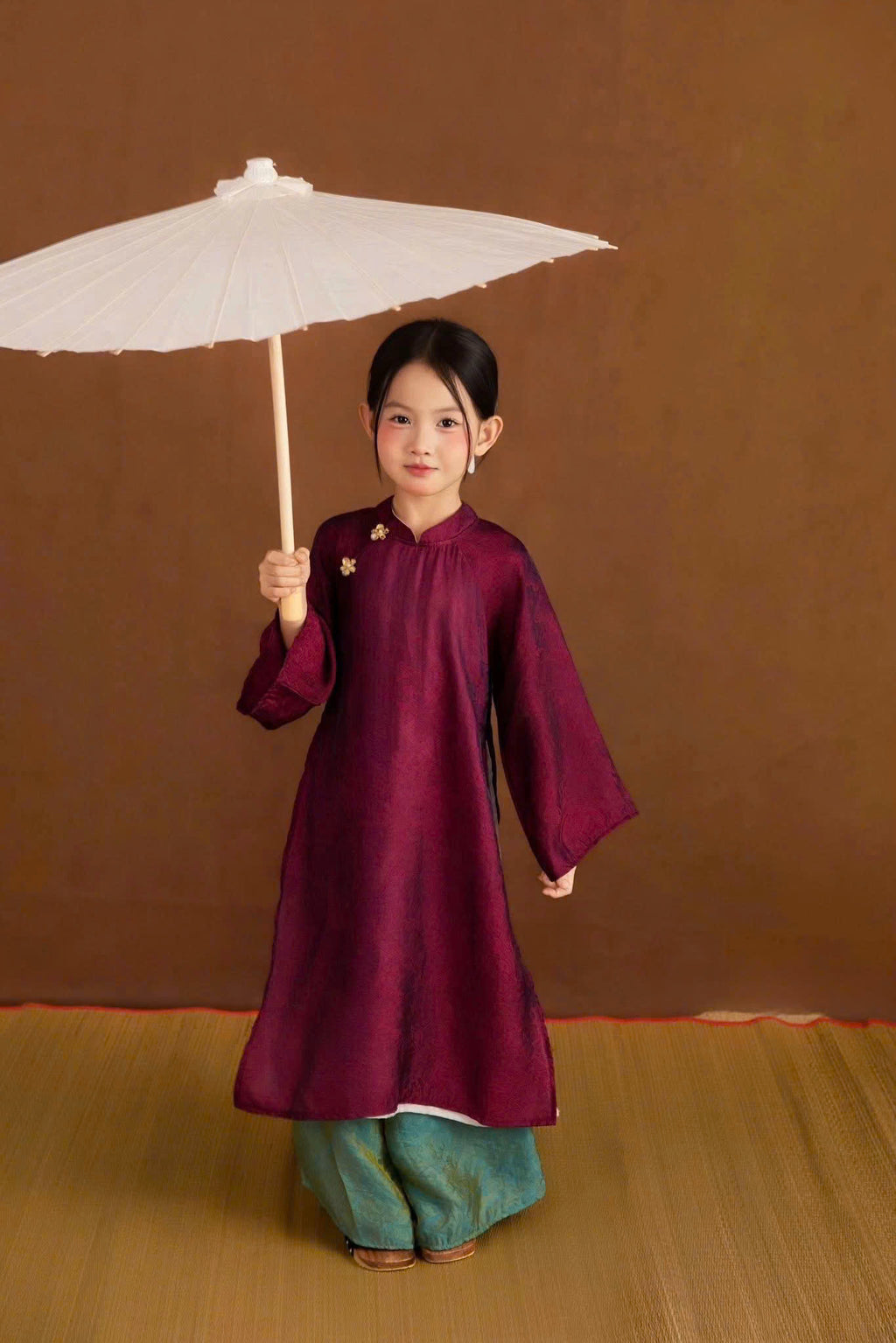 Royal Heritage Áo Dài – Plum Jade (6 Months–7 Years) | Lunar New Year & Cultural Celebrations | Traditional 4-Panel Vietnamese Outfit | Optional Green Headband