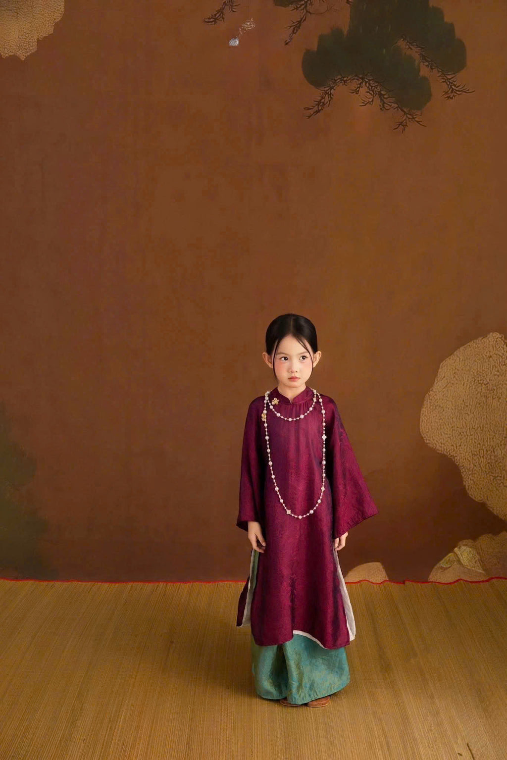 Royal Heritage Áo Dài – Plum Jade (6 Months–7 Years) | Lunar New Year & Cultural Celebrations | Traditional 4-Panel Vietnamese Outfit | Optional Green Headband