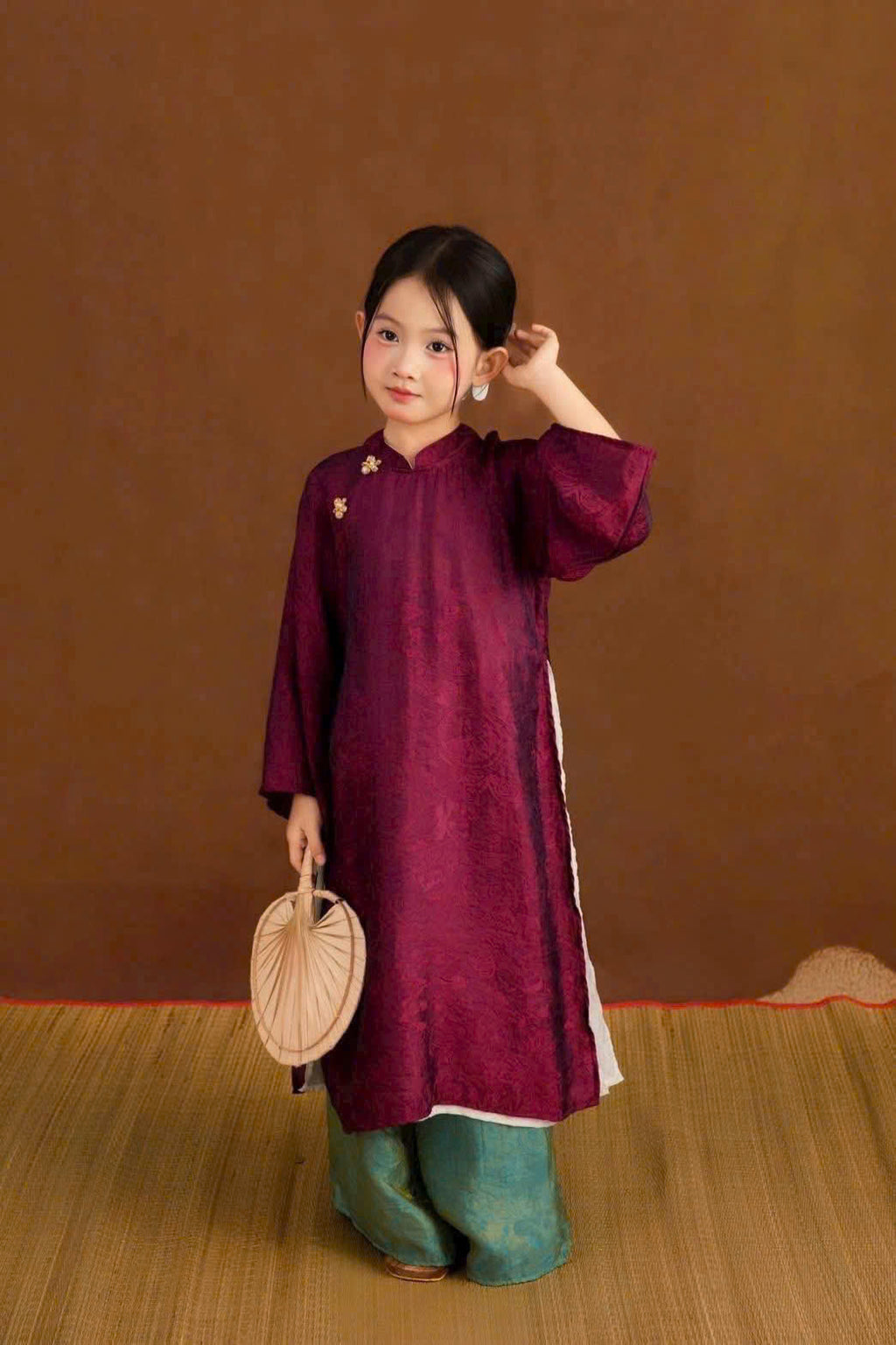 Royal Heritage Áo Dài – Plum Jade (6 Months–7 Years) | Lunar New Year & Cultural Celebrations | Traditional 4-Panel Vietnamese Outfit | Optional Green Headband