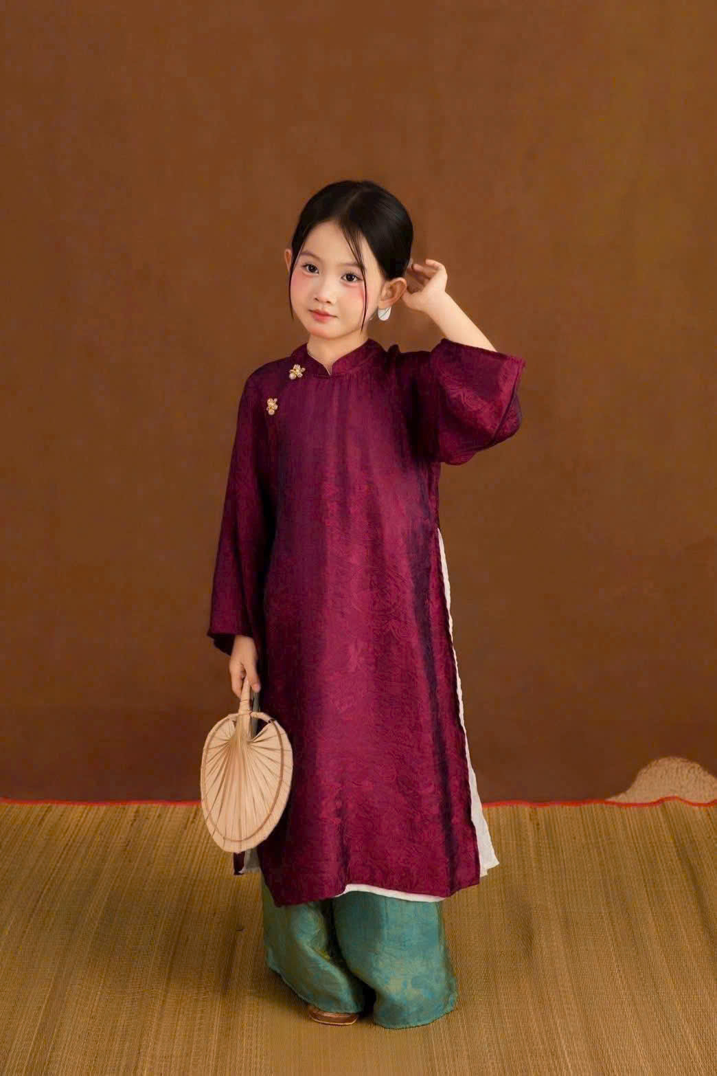 Royal Heritage Áo Dài – Plum Jade (6 Months–7 Years) | Lunar New Year & Cultural Celebrations | Traditional 4-Panel Vietnamese Outfit | Optional Green Headband