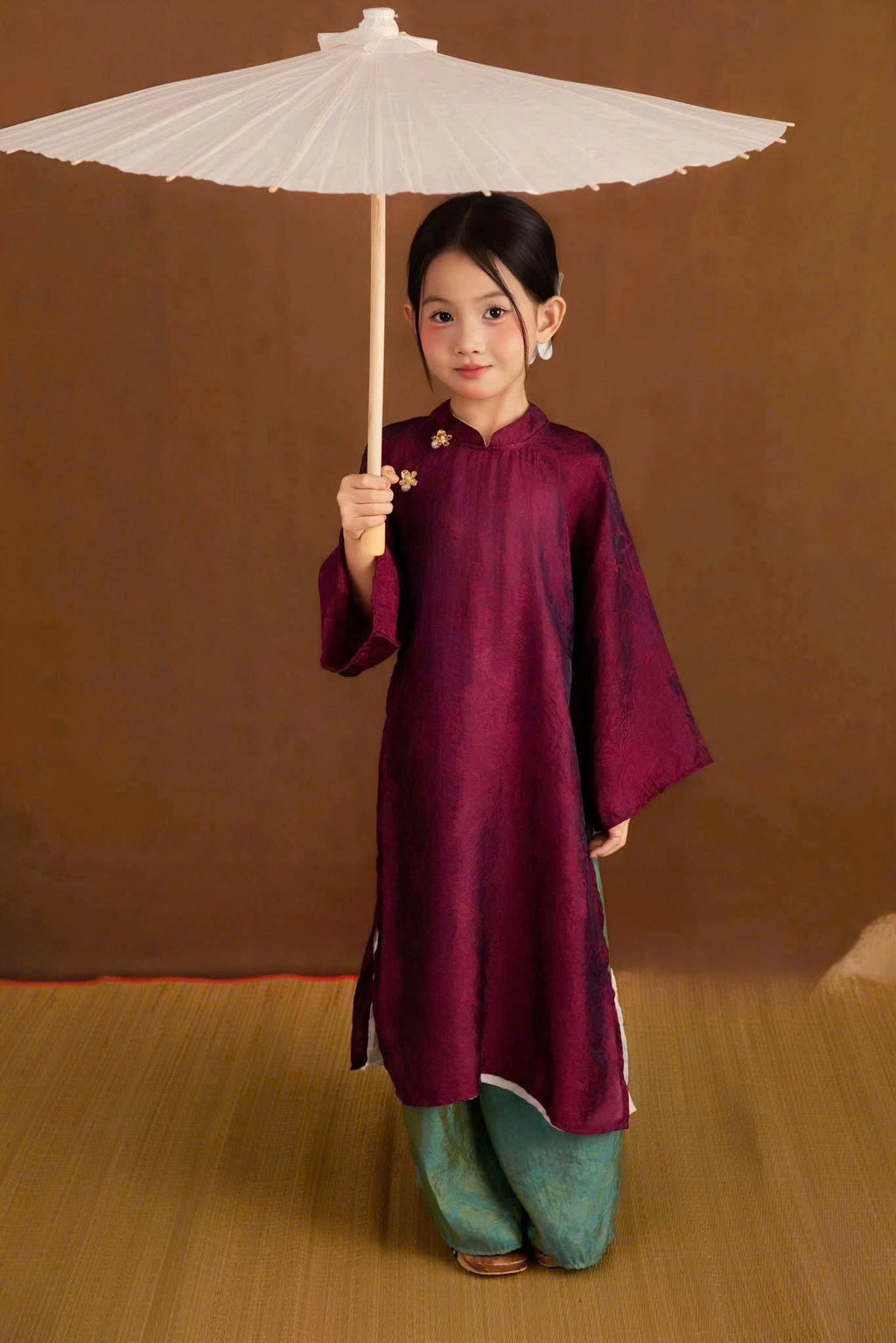Royal Heritage Áo Dài – Plum Jade (6 Months–7 Years) | Lunar New Year & Cultural Celebrations | Traditional 4-Panel Vietnamese Outfit | Optional Green Headband