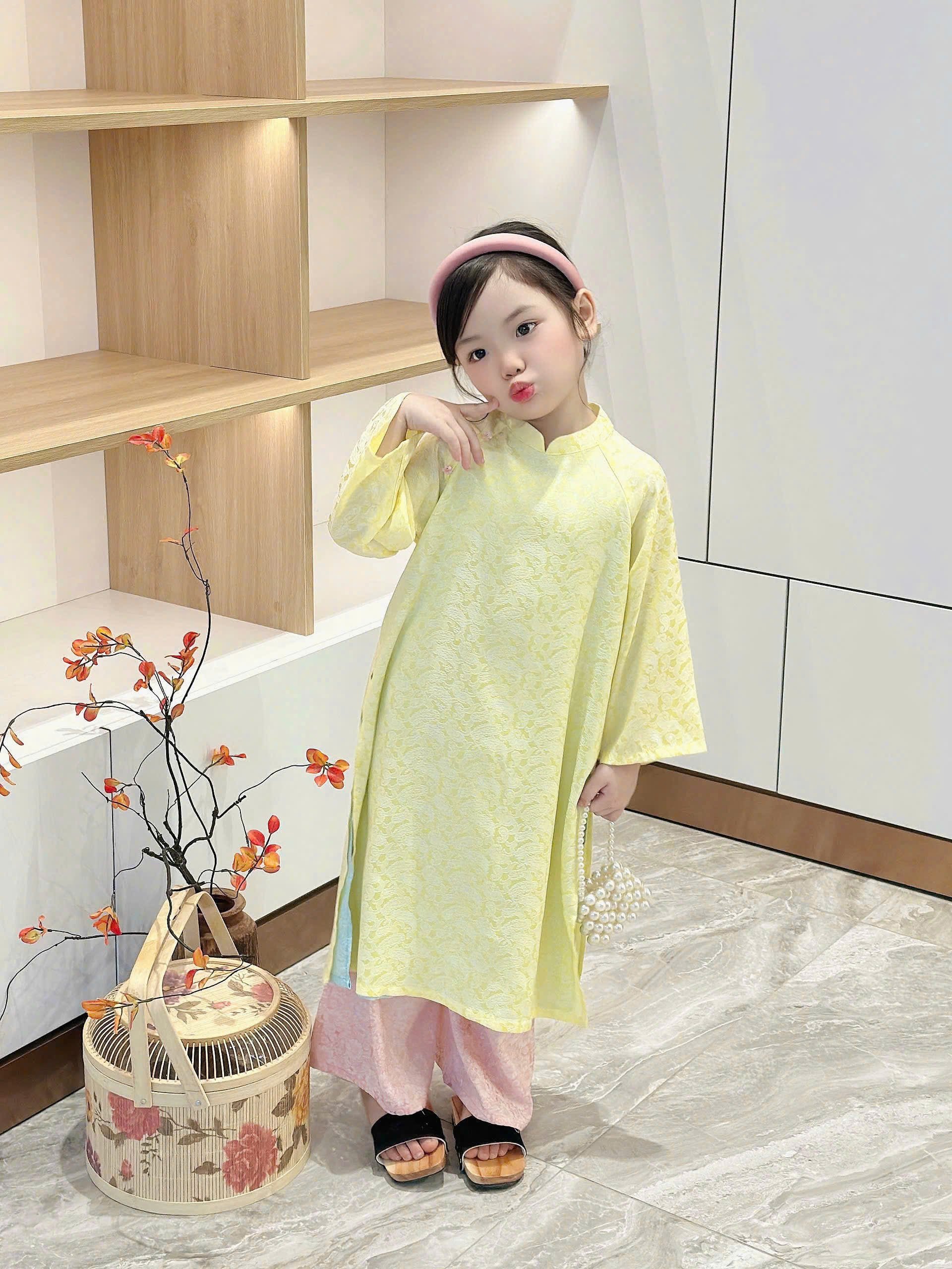 Imperial Bloom 4-Flap Áo Dài – Golden Lotus (6 Months–3 Years) | Silk Brocade Vietnamese Traditional Outfit | Lunar New Year (Tết) & Special Occasion Wear