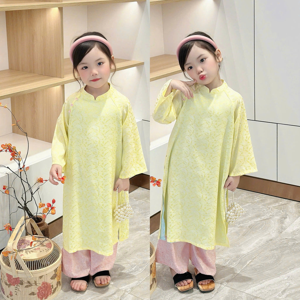 Imperial Bloom 4-Flap Áo Dài – Golden Lotus (6 Months–3 Years) | Silk Brocade Vietnamese Traditional Outfit | Lunar New Year (Tết) & Special Occasion Wear