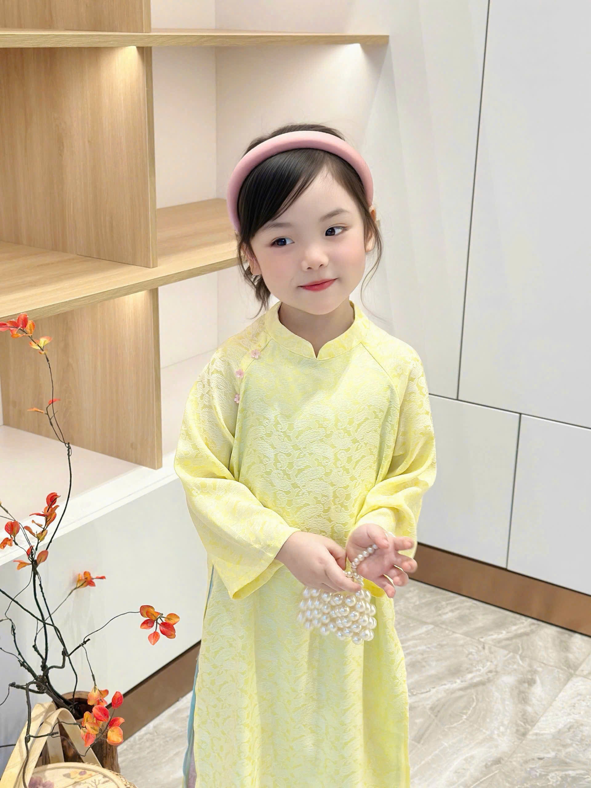 Imperial Bloom 4-Flap Áo Dài – Golden Lotus (6 Months–3 Years) | Silk Brocade Vietnamese Traditional Outfit | Lunar New Year (Tết) & Special Occasion Wear