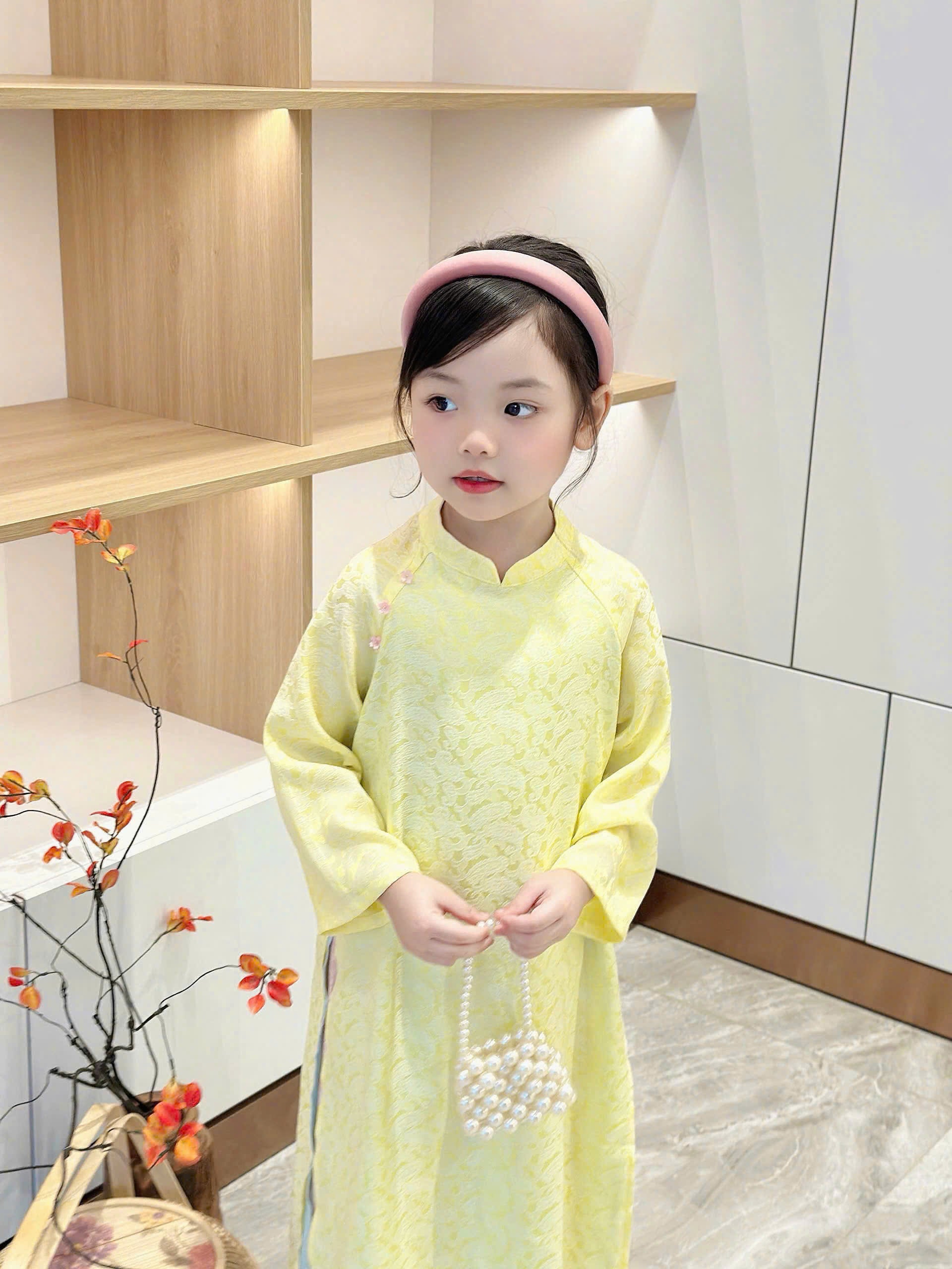 Imperial Bloom 4-Flap Áo Dài – Golden Lotus (6 Months–3 Years) | Silk Brocade Vietnamese Traditional Outfit | Lunar New Year (Tết) & Special Occasion Wear