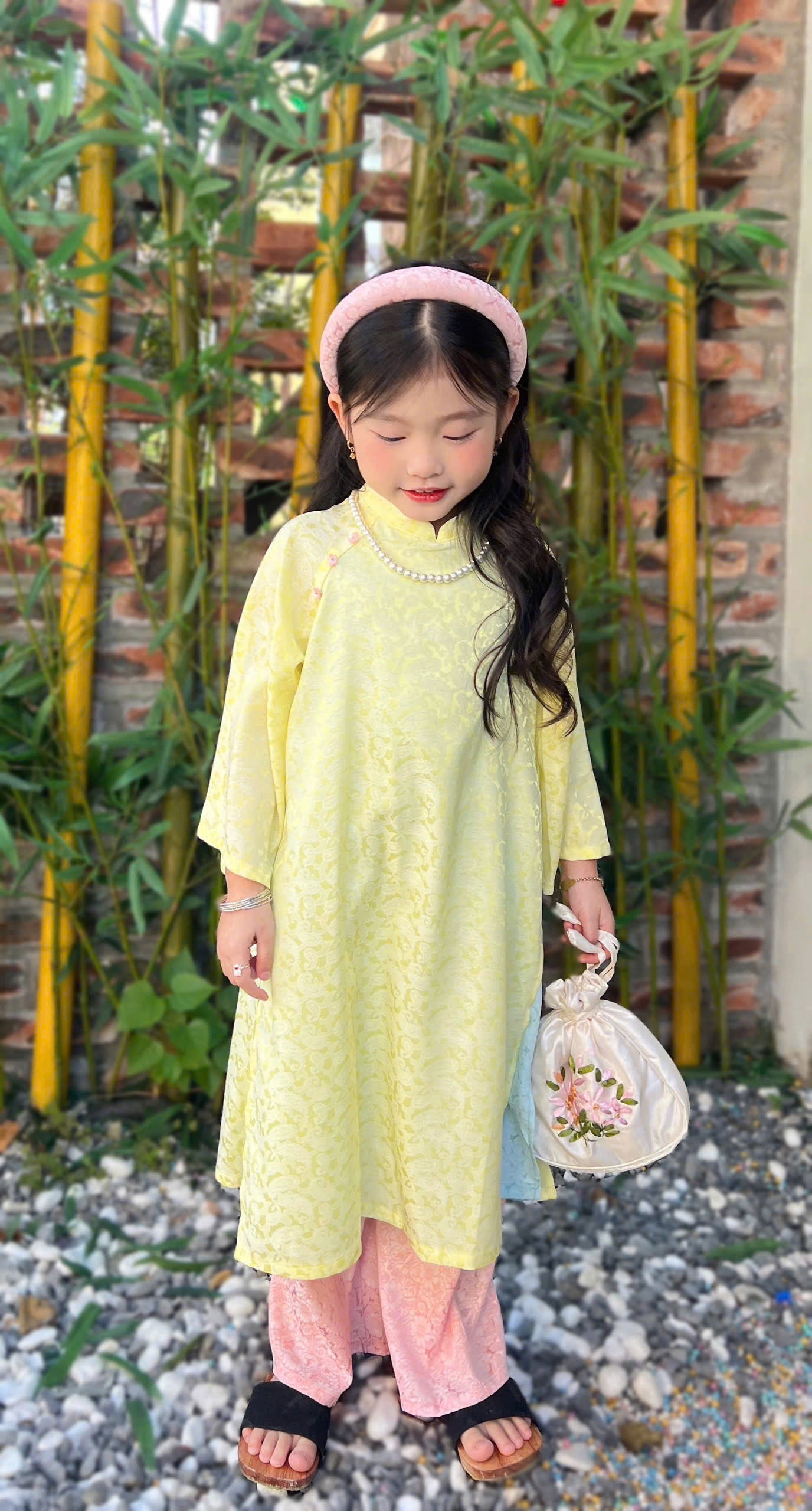 Imperial Bloom 4-Flap Áo Dài – Golden Lotus (6 Months–3 Years) | Silk Brocade Vietnamese Traditional Outfit | Lunar New Year (Tết) & Special Occasion Wear