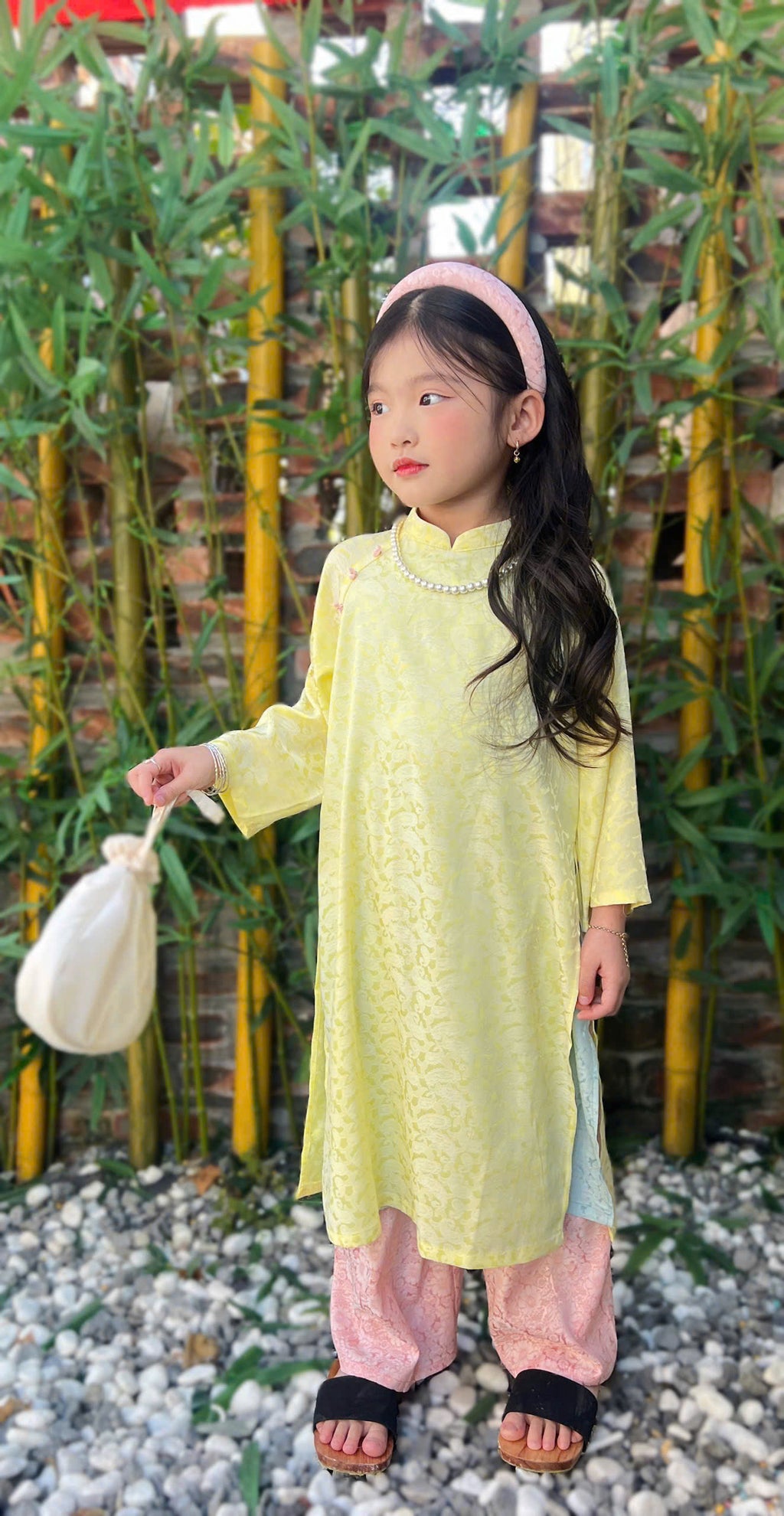 Imperial Bloom 4-Flap Áo Dài – Golden Lotus (6 Months–3 Years) | Silk Brocade Vietnamese Traditional Outfit | Lunar New Year (Tết) & Special Occasion Wear