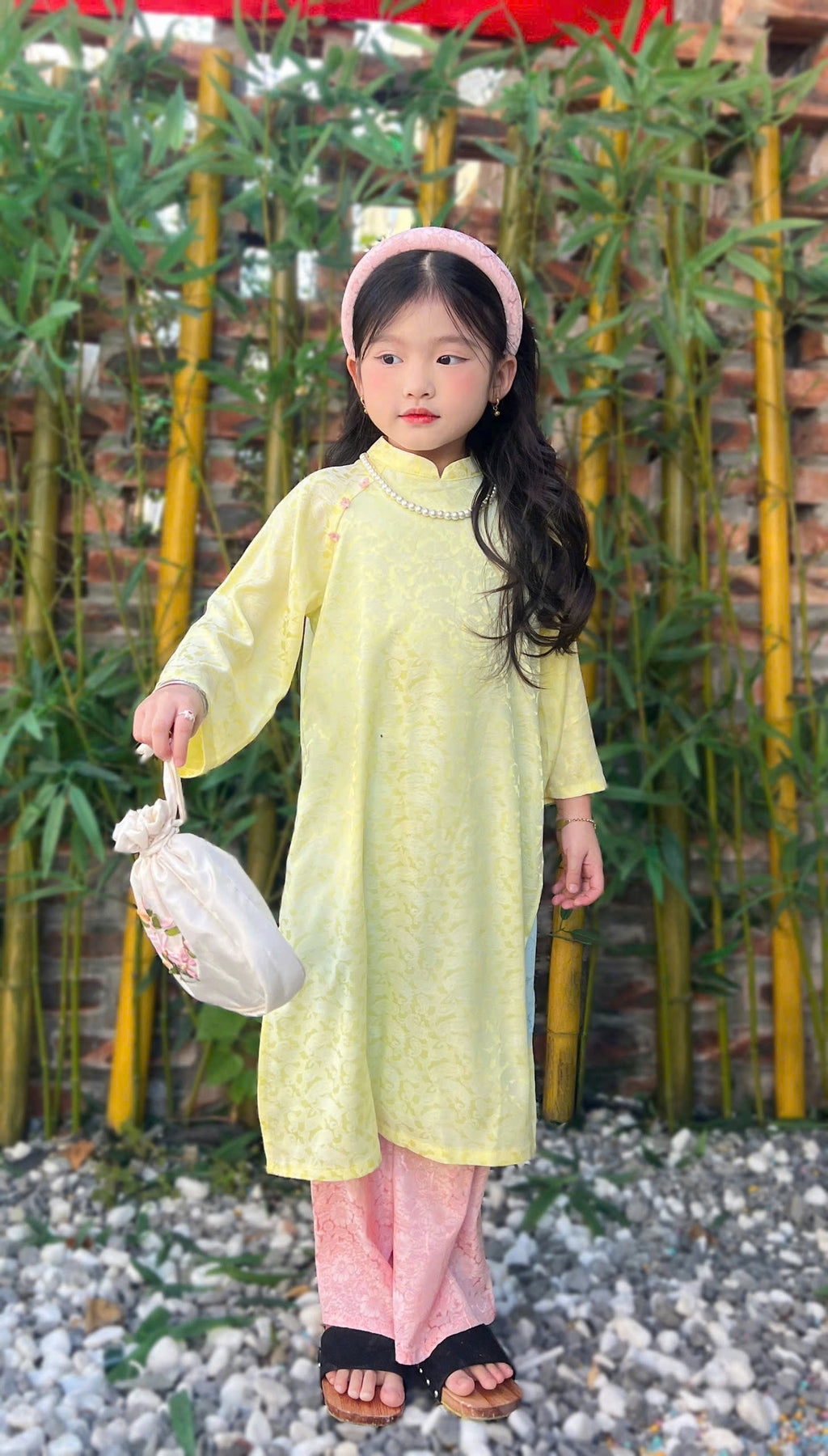 Imperial Bloom 4-Flap Áo Dài – Golden Lotus (6 Months–3 Years) | Silk Brocade Vietnamese Traditional Outfit | Lunar New Year (Tết) & Special Occasion Wear