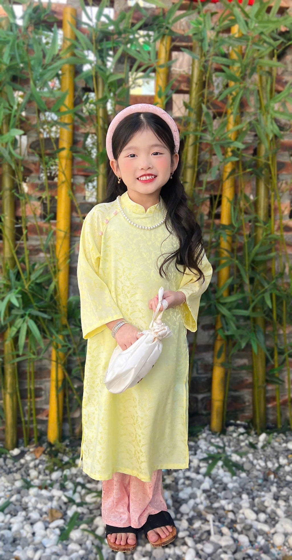Imperial Bloom 4-Flap Áo Dài – Golden Lotus (6 Months–3 Years) | Silk Brocade Vietnamese Traditional Outfit | Lunar New Year (Tết) & Special Occasion Wear