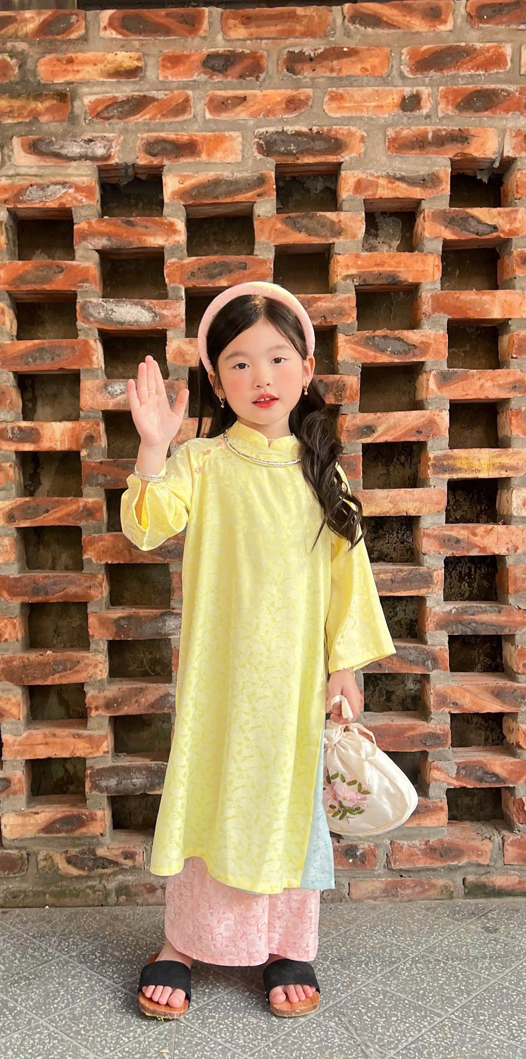 Imperial Bloom 4-Flap Áo Dài – Golden Lotus (6 Months–3 Years) | Silk Brocade Vietnamese Traditional Outfit | Lunar New Year (Tết) & Special Occasion Wear