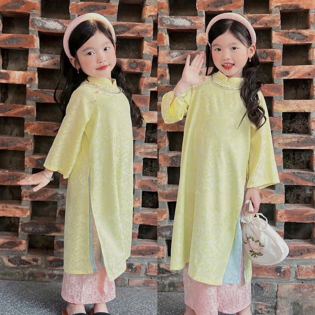 Imperial Bloom 4-Flap Áo Dài – Golden Lotus (6 Months–3 Years) | Silk Brocade Vietnamese Traditional Outfit | Lunar New Year (Tết) & Special Occasion Wear