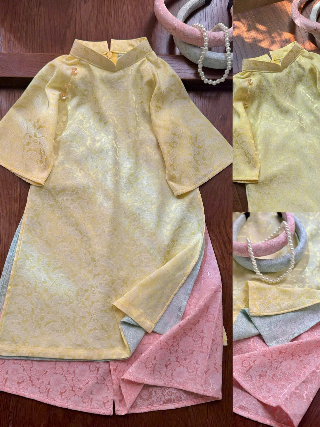 Imperial Bloom 4-Flap Áo Dài – Golden Lotus (6 Months–3 Years) | Silk Brocade Vietnamese Traditional Outfit | Lunar New Year (Tết) & Special Occasion Wear