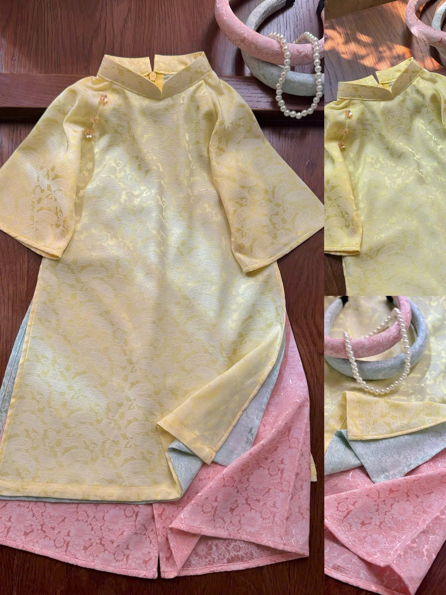 Imperial Bloom 4-Flap Áo Dài – Golden Lotus (6 Months–3 Years) | Silk Brocade Vietnamese Traditional Outfit | Lunar New Year (Tết) & Special Occasion Wear