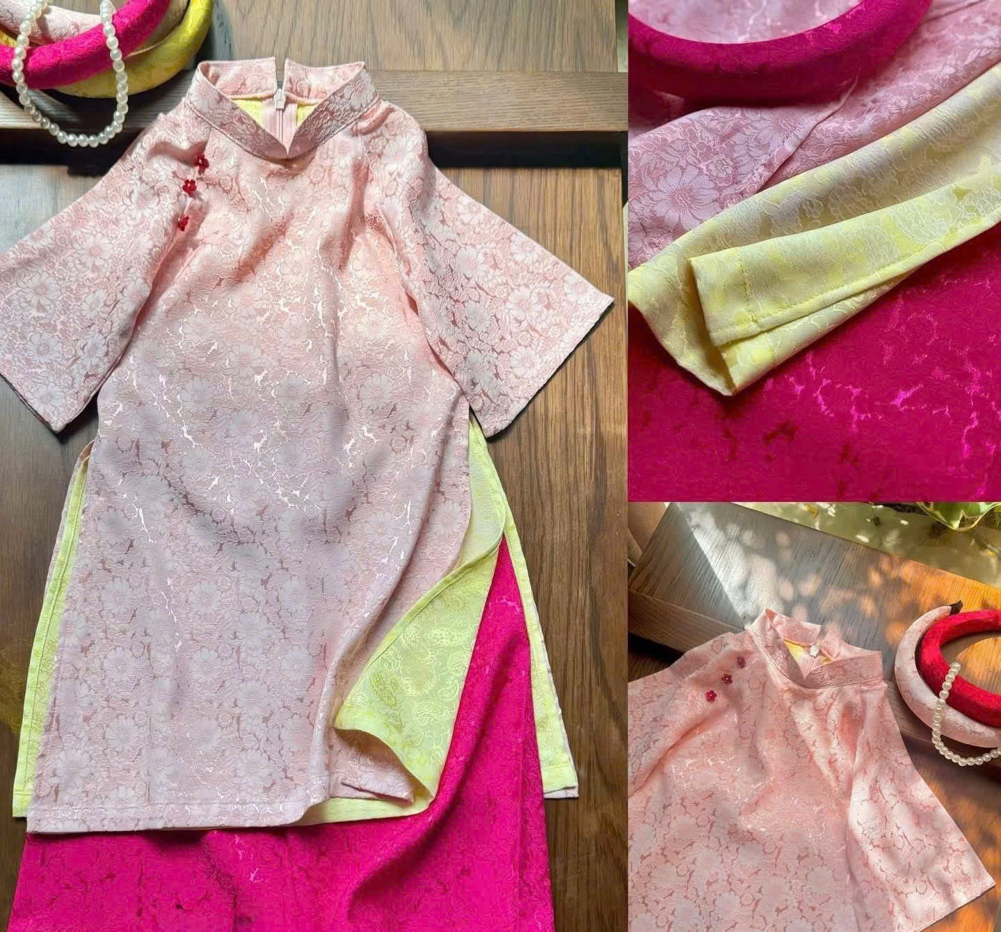 Imperial Bloom 4-Flap Áo Dài – Blush Lotus (6 Months–5 Years) | Silk Brocade Vietnamese Traditional Outfit | Lunar New Year & Cultural Celebrations |Optional Matching Pink Headband