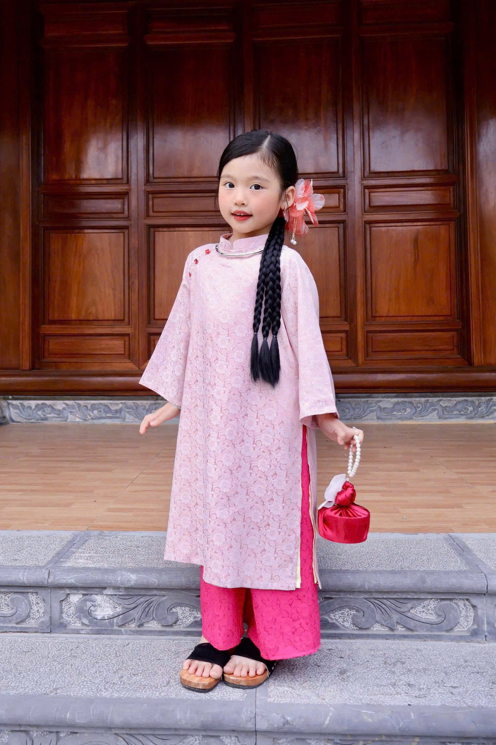 Imperial Bloom 4-Flap Áo Dài – Blush Lotus (6 Months–5 Years) | Silk Brocade Vietnamese Traditional Outfit | Lunar New Year & Cultural Celebrations |Optional Matching Pink Headband