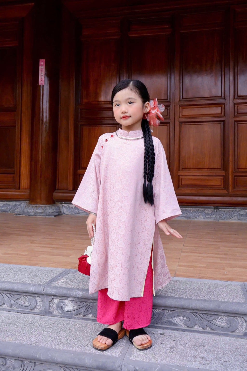 Imperial Bloom 4-Flap Áo Dài – Blush Lotus (6 Months–5 Years) | Silk Brocade Vietnamese Traditional Outfit | Lunar New Year & Cultural Celebrations |Optional Matching Pink Headband