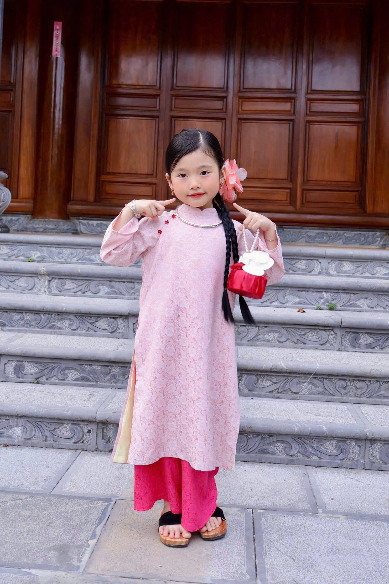 Imperial Bloom 4-Flap Áo Dài – Blush Lotus (6 Months–5 Years) | Silk Brocade Vietnamese Traditional Outfit | Lunar New Year & Cultural Celebrations |Optional Matching Pink Headband