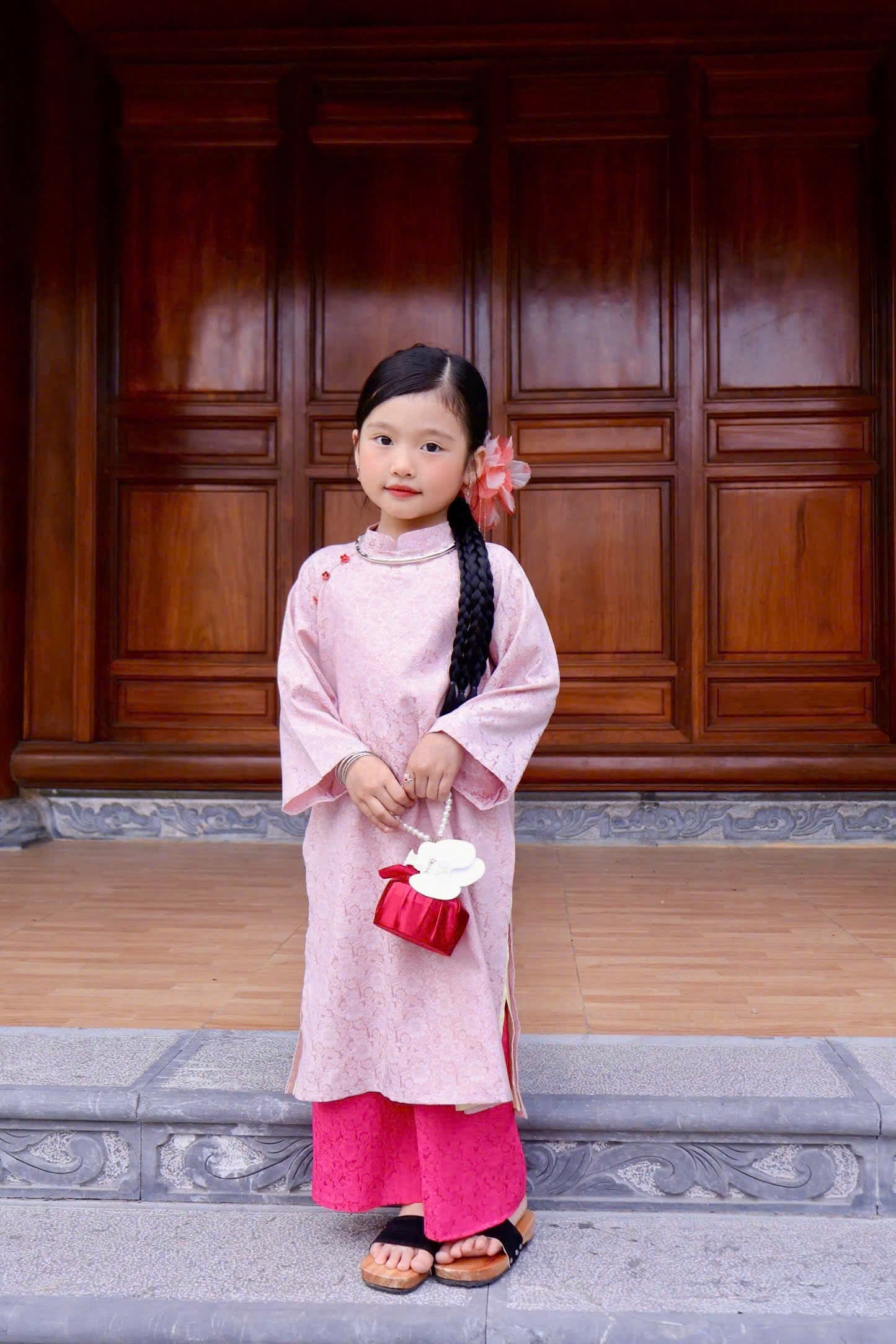 Imperial Bloom 4-Flap Áo Dài – Blush Lotus (6 Months–5 Years) | Silk Brocade Vietnamese Traditional Outfit | Lunar New Year & Cultural Celebrations |Optional Matching Pink Headband
