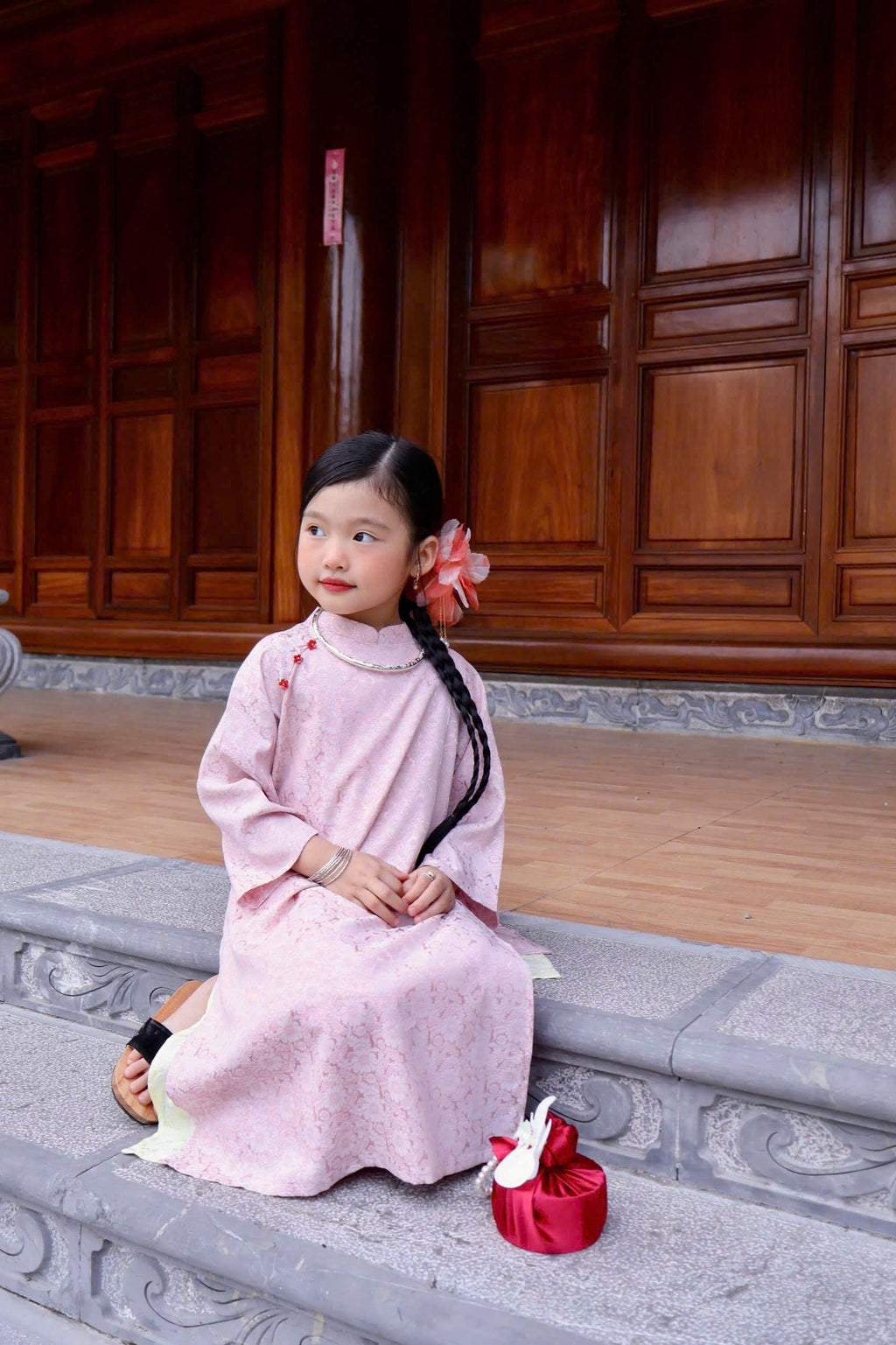 Imperial Bloom 4-Flap Áo Dài – Blush Lotus (6 Months–5 Years) | Silk Brocade Vietnamese Traditional Outfit | Lunar New Year & Cultural Celebrations |Optional Matching Pink Headband