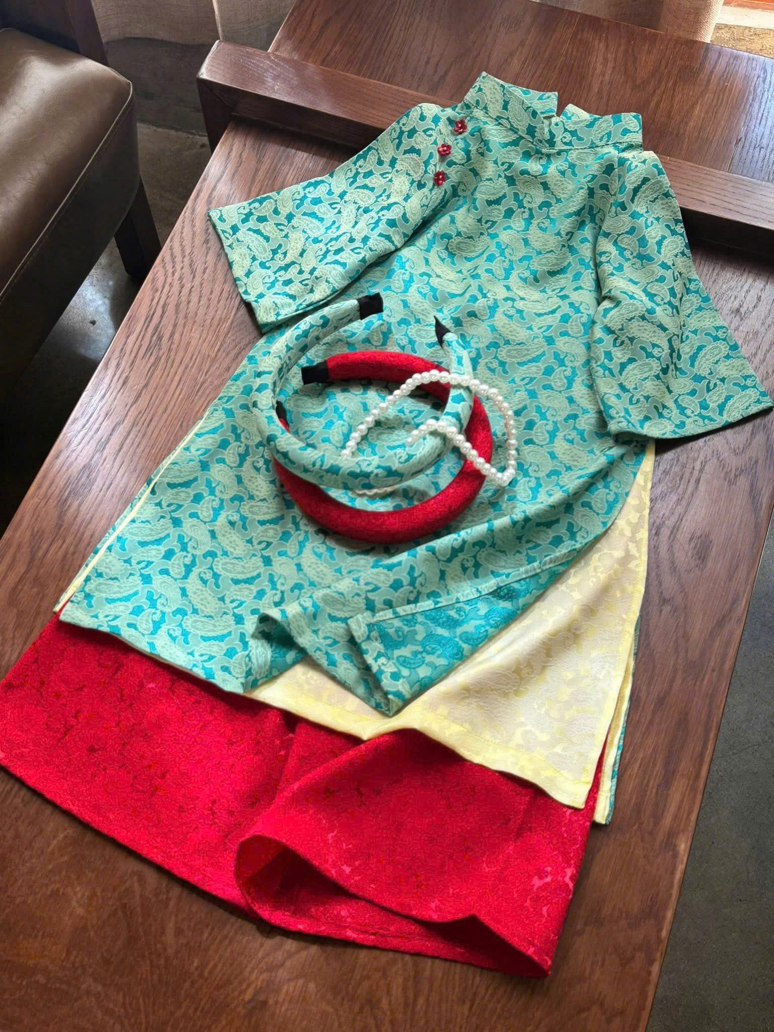 Imperial Bloom 4-Flap Áo Dài – Jade Ruby (6 Months–18 Months) | Silk Brocade Vietnamese Traditional Outfit | Lunar New Year Wear | Optional Matching Red Headband