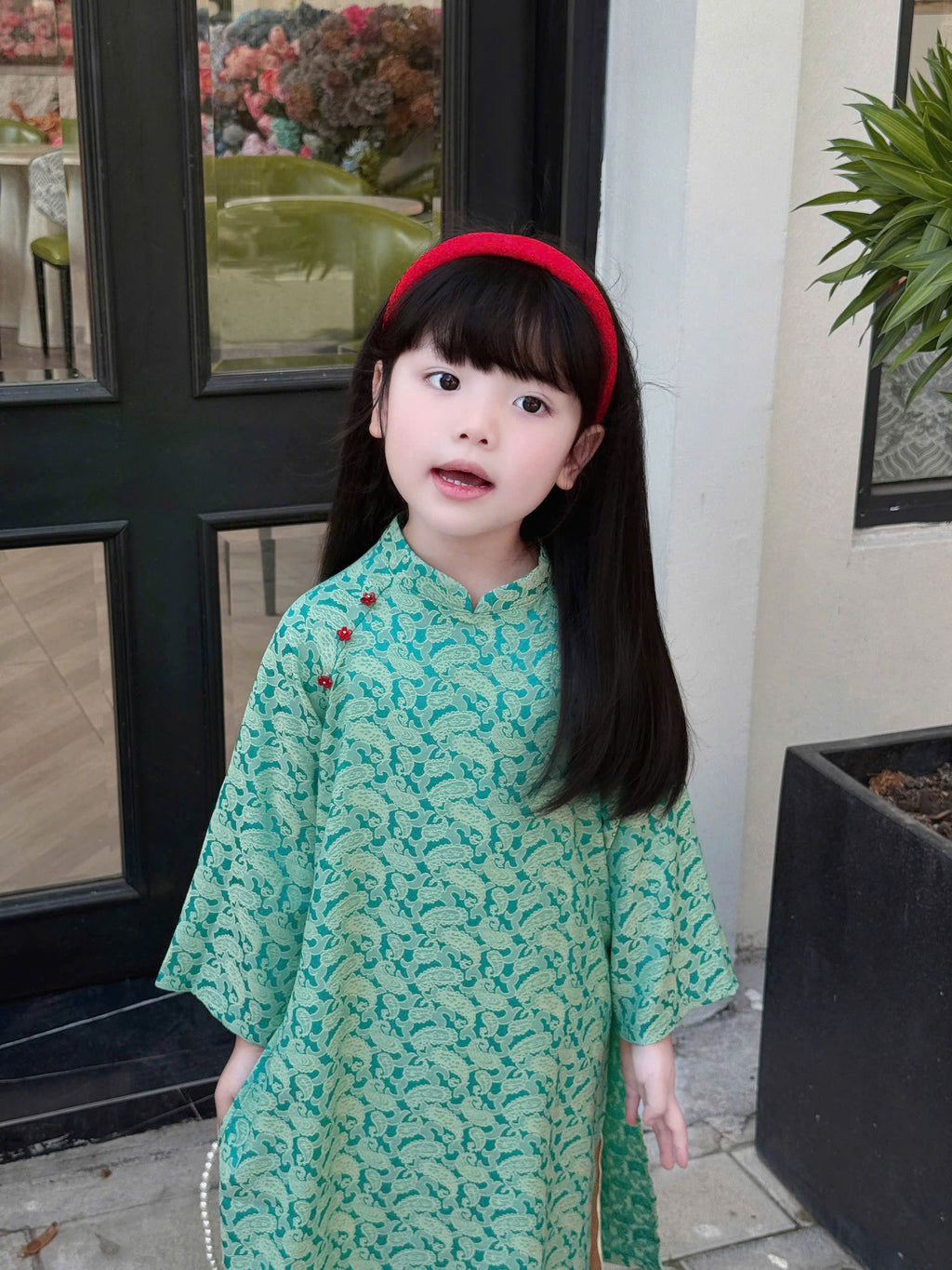 Imperial Bloom 4-Flap Áo Dài – Jade Ruby (6 Months–18 Months) | Silk Brocade Vietnamese Traditional Outfit | Lunar New Year Wear | Optional Matching Red Headband