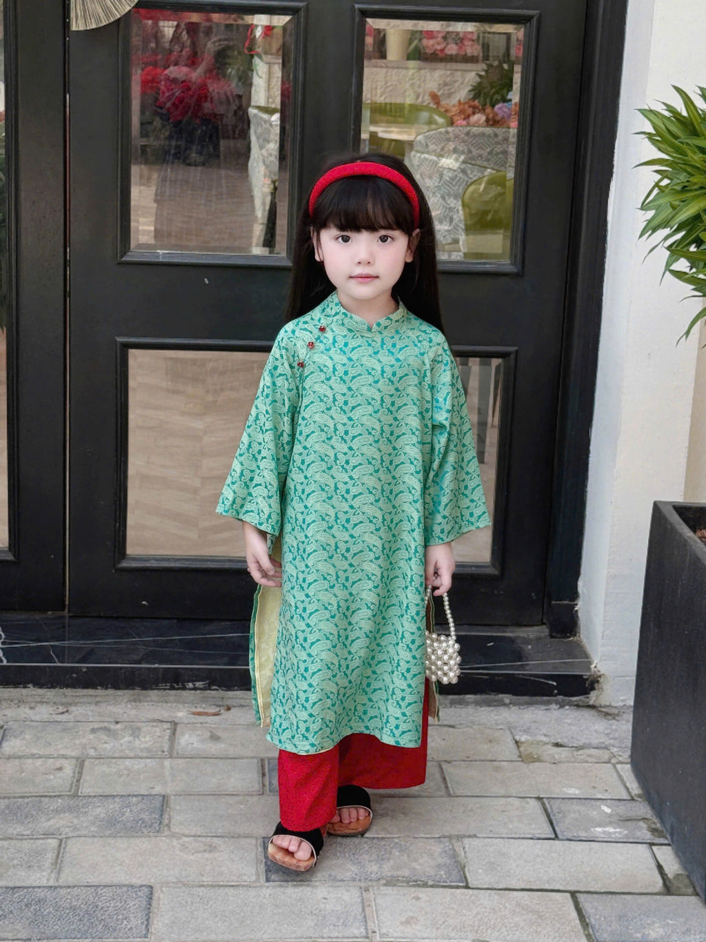 Imperial Bloom 4-Flap Áo Dài – Jade Ruby (6 Months–18 Months) | Silk Brocade Vietnamese Traditional Outfit | Lunar New Year Wear | Optional Matching Red Headband