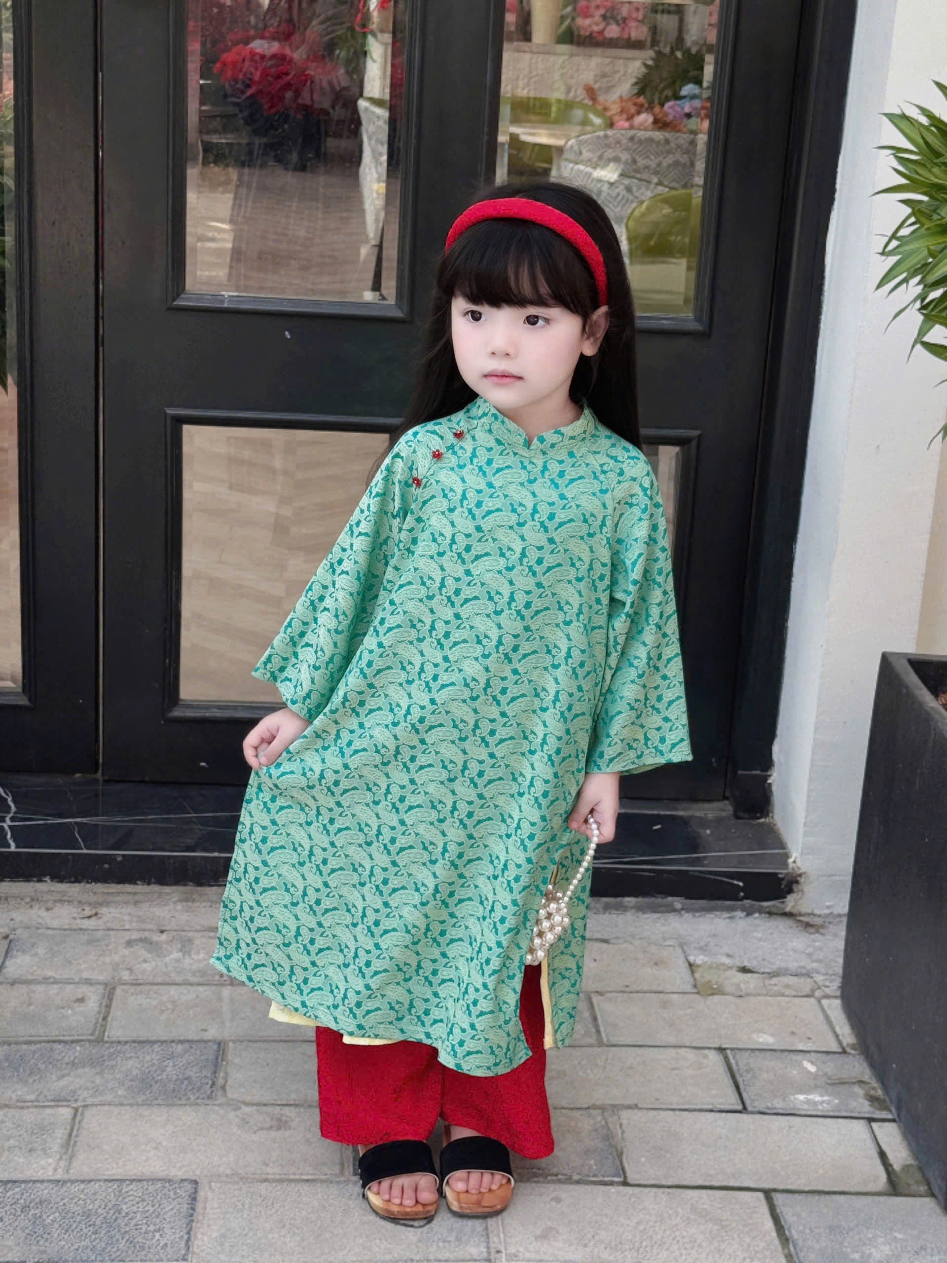 Imperial Bloom 4-Flap Áo Dài – Jade Ruby (6 Months–18 Months) | Silk Brocade Vietnamese Traditional Outfit | Lunar New Year Wear | Optional Matching Red Headband
